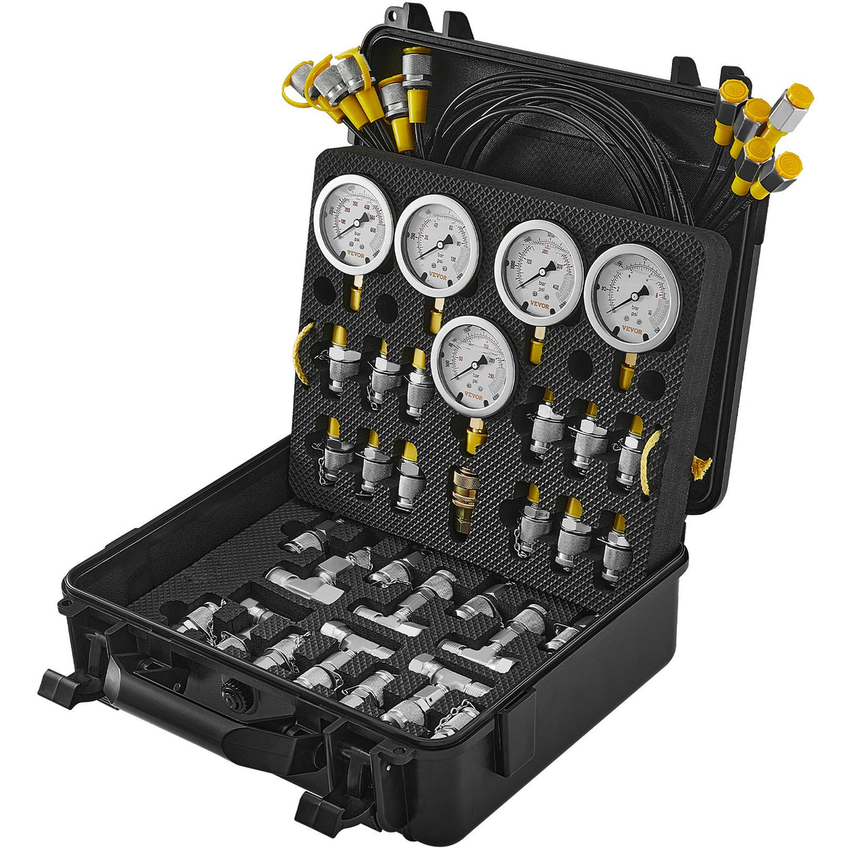 Hydraulic Pressure Test Kit, 10-600bar with 5 Gauges, Hoses, Couplings & Case
