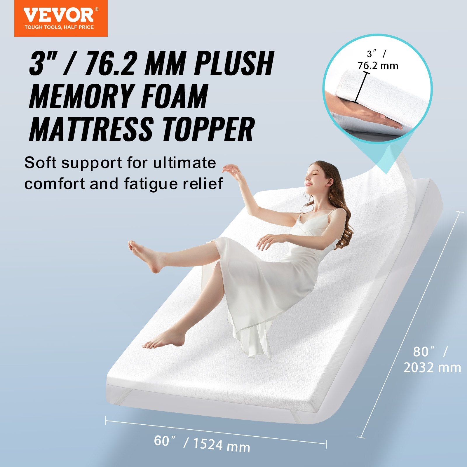 Mattress Topper Queen Size 76.2mm Memory Foam Cooling Gel Detachable Washable