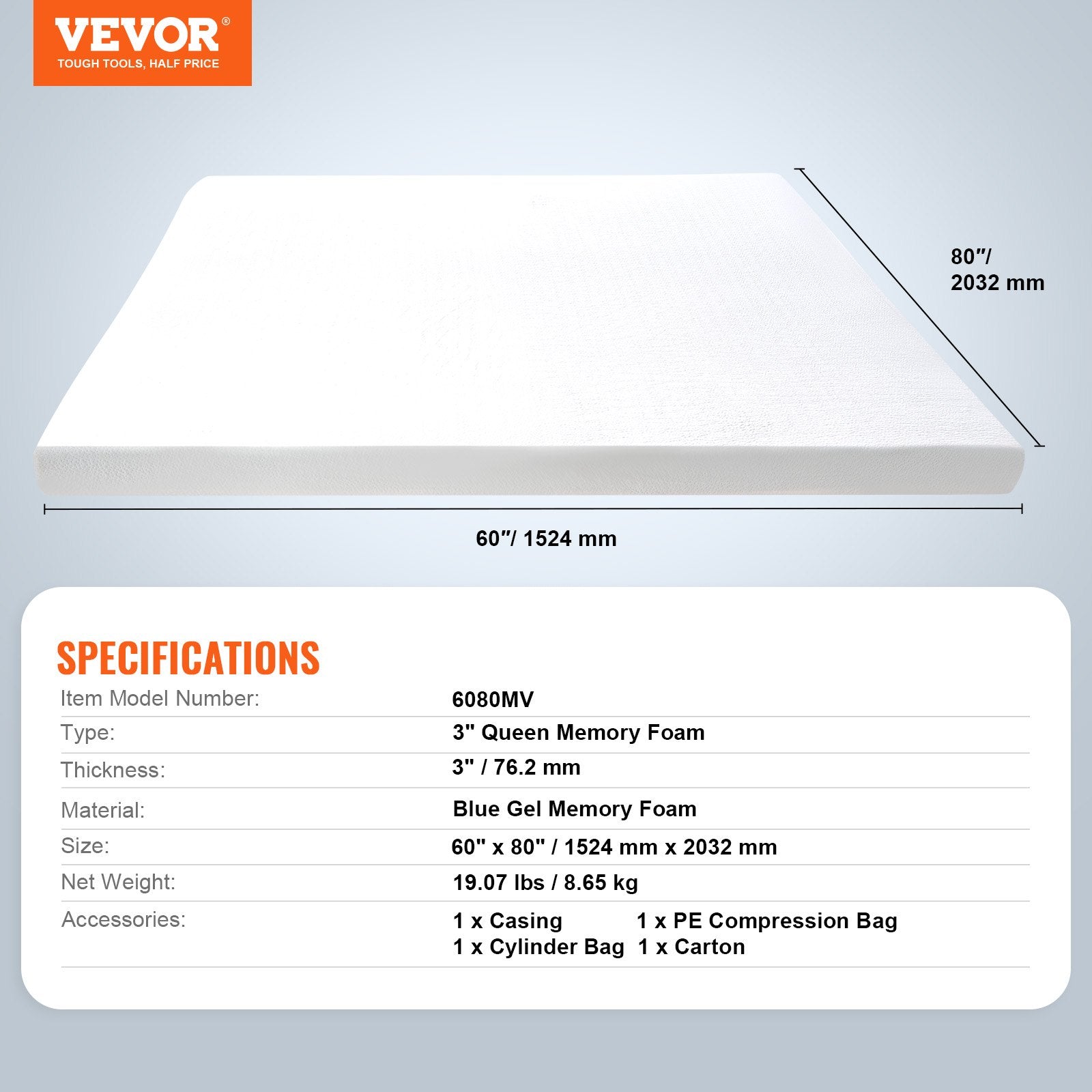 Mattress Topper Queen Size 76.2mm Memory Foam Cooling Gel Detachable Washable