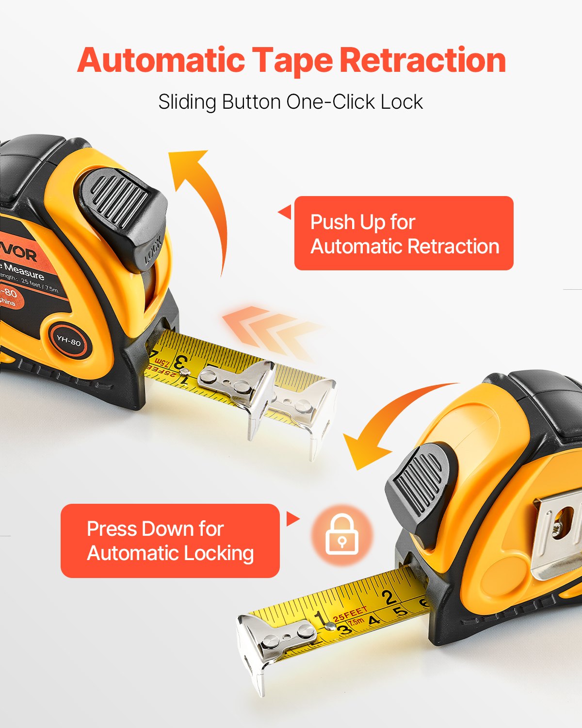 7.62m Retractable Tape Measure w/ Dual Scale & One-Touch Lock ABS Case