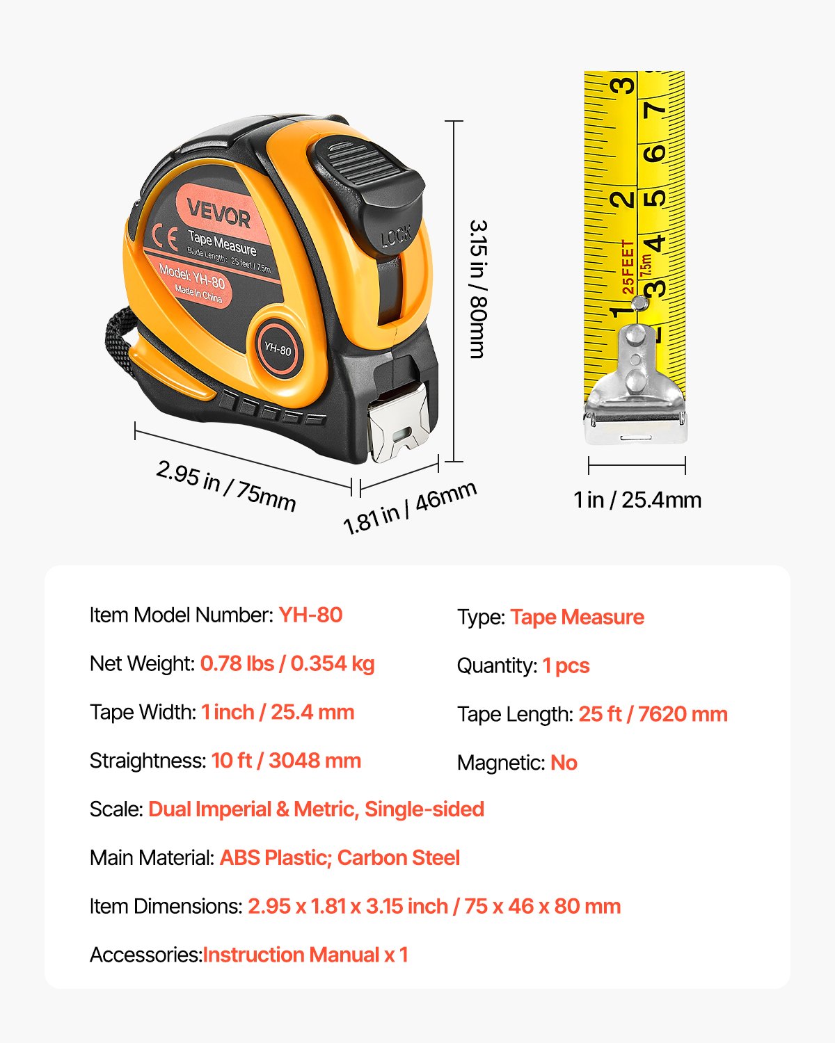 7.62m Retractable Tape Measure w/ Dual Scale & One-Touch Lock ABS Case