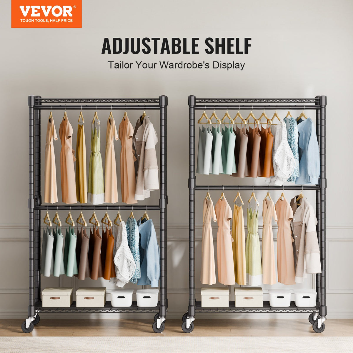 Clothes Rack Heavy Duty Double Hanging Rods Storage Rolling 136kg