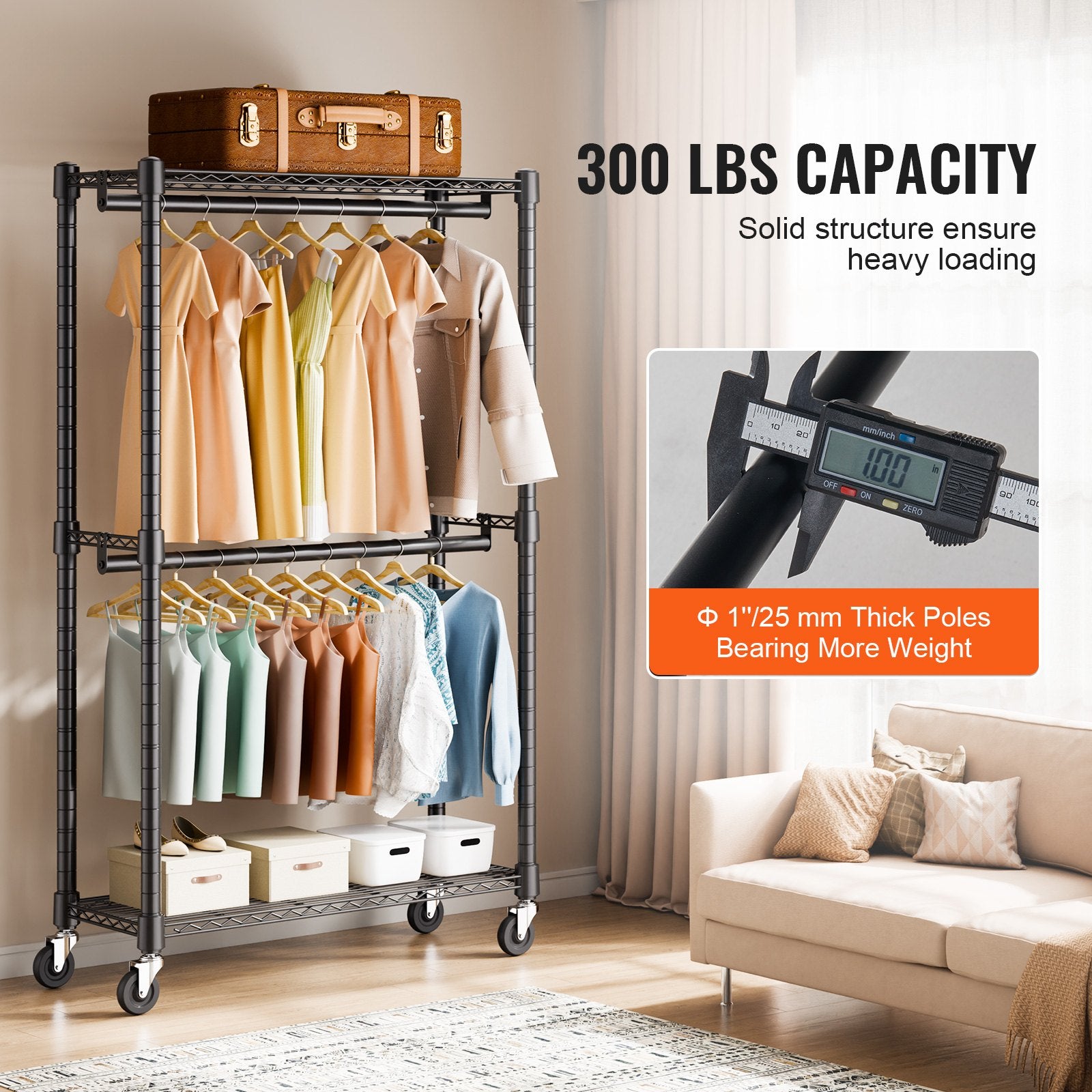 Clothes Rack Heavy Duty Double Hanging Rods Storage Rolling 136kg