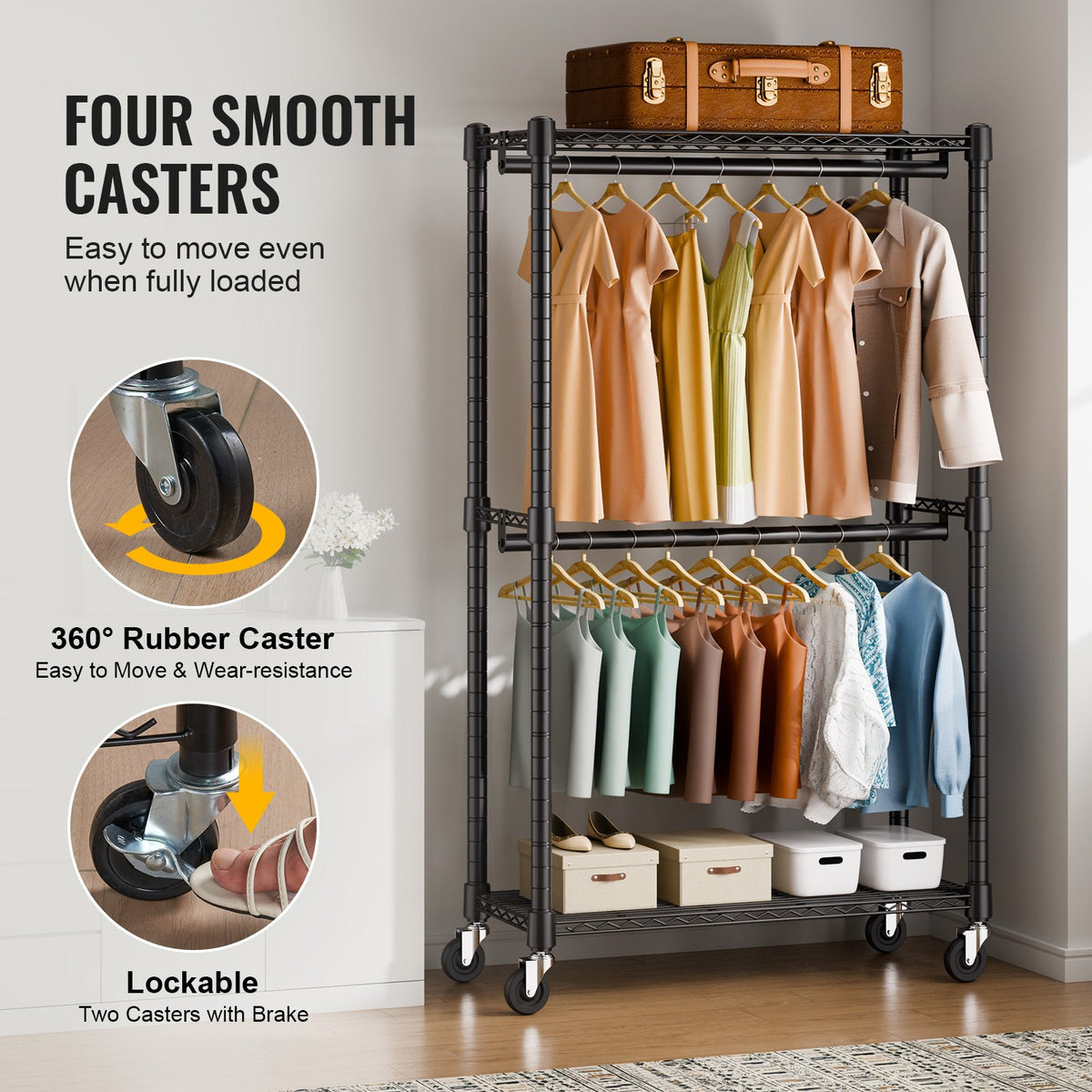 Clothes Rack Heavy Duty Double Hanging Rods Storage Rolling 136kg