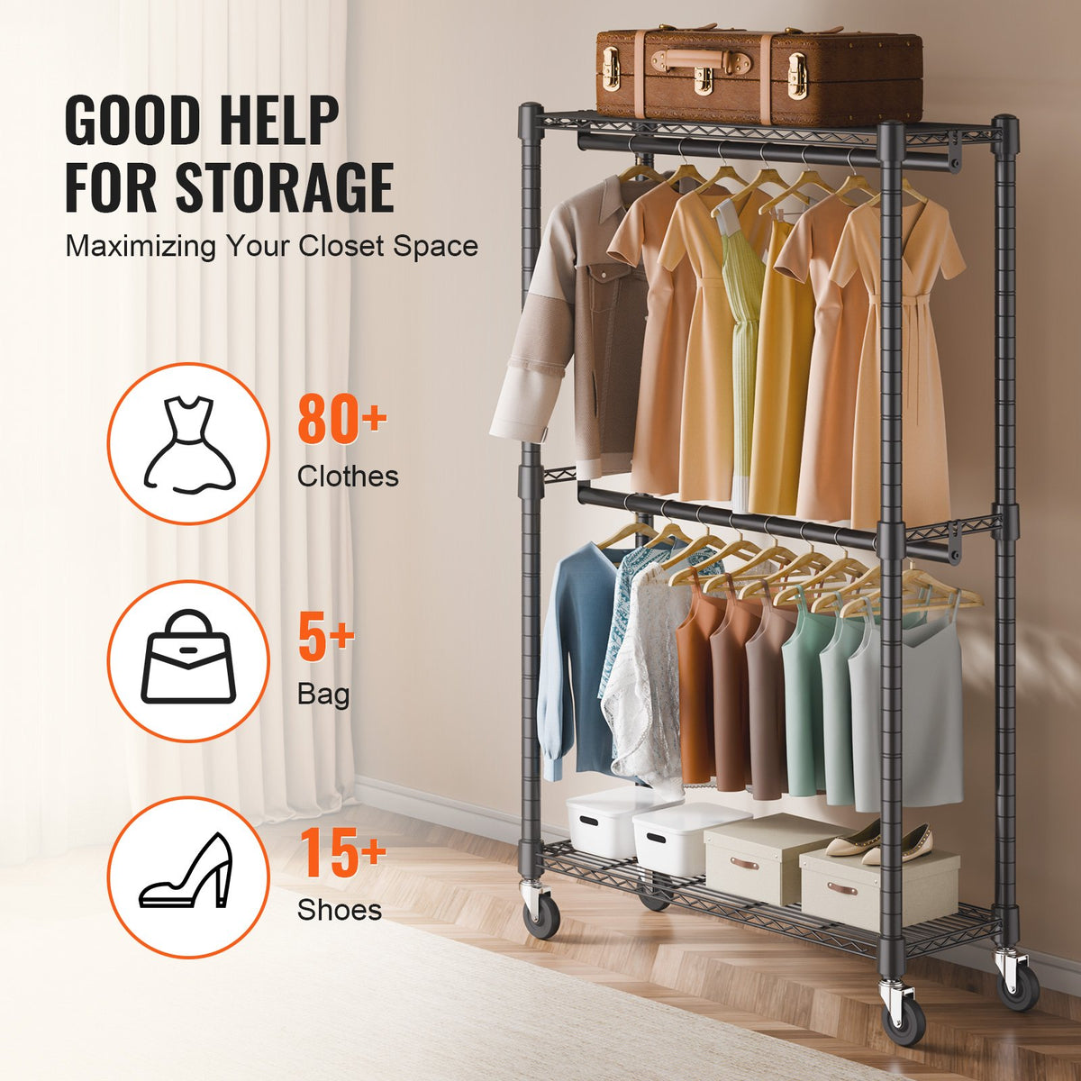 Clothes Rack Heavy Duty Double Hanging Rods Storage Rolling 136kg