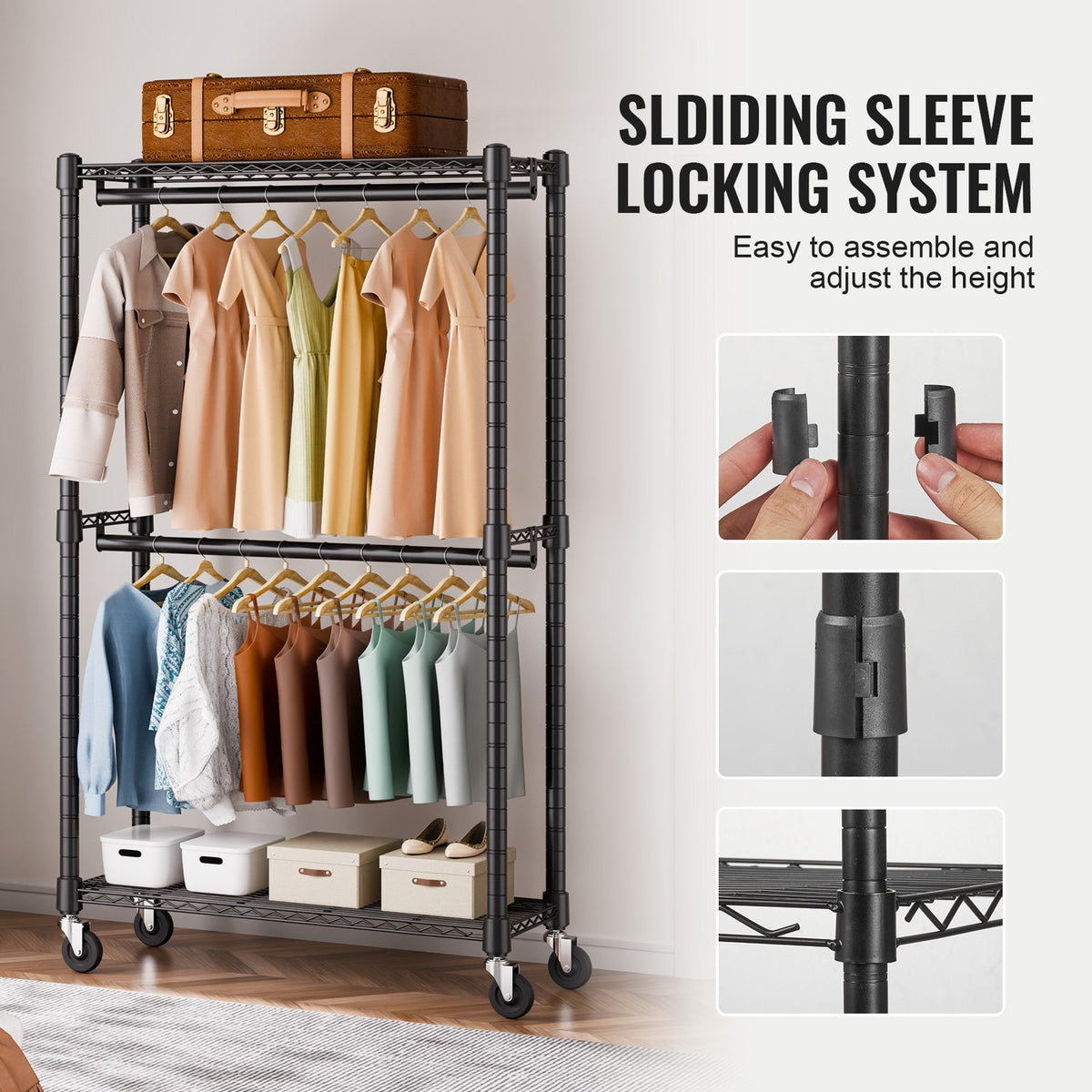 Clothes Rack Heavy Duty Double Hanging Rods Storage Rolling 136kg
