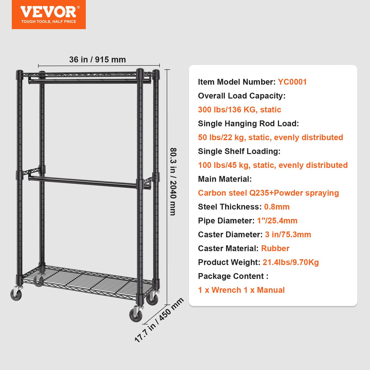 Clothes Rack Heavy Duty Double Hanging Rods Storage Rolling 136kg