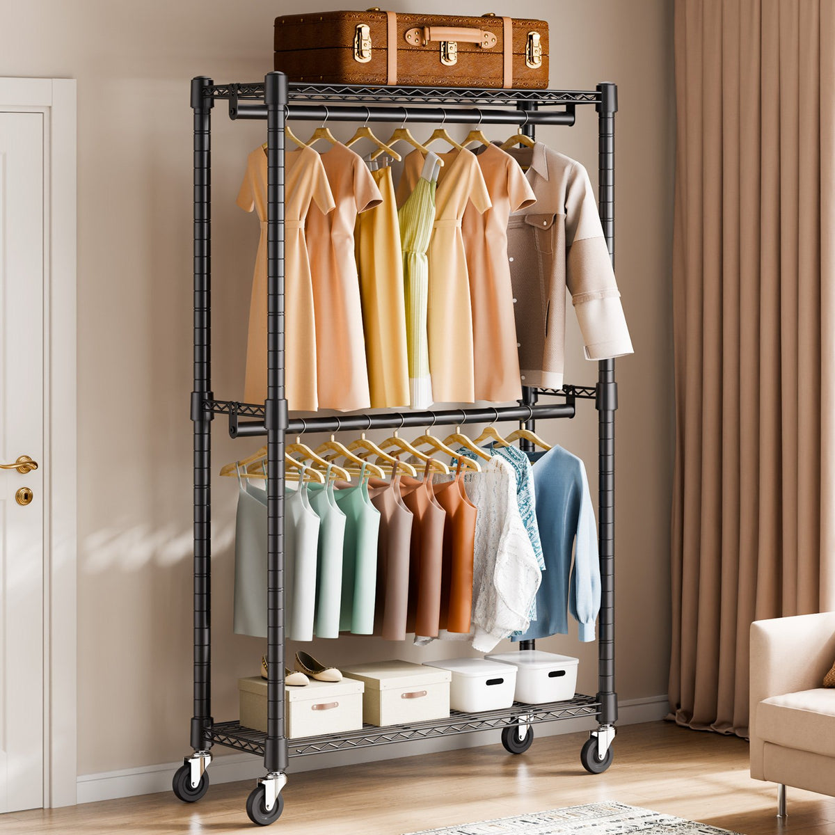 Clothes Rack Heavy Duty Double Hanging Rods Storage Rolling 136kg