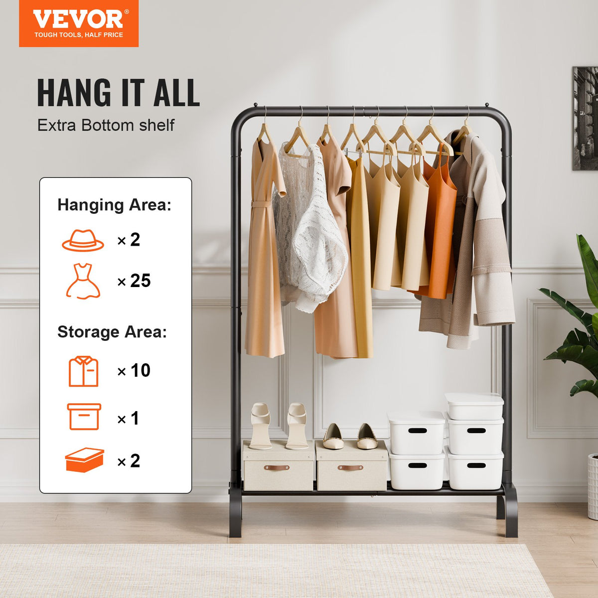 Clothes Rack Heavy Duty Garment with Hanging Rod and Bottom Storage for Bedroom