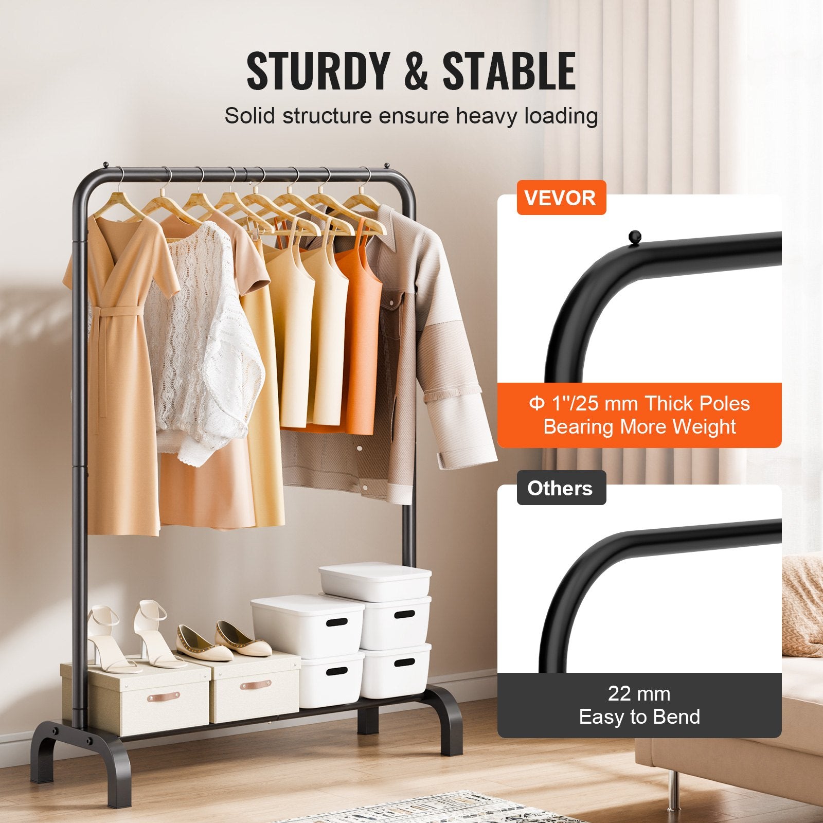 Clothes Rack Heavy Duty Garment with Hanging Rod and Bottom Storage for Bedroom