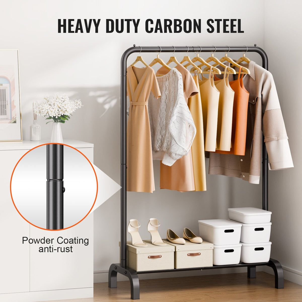Clothes Rack Heavy Duty Garment with Hanging Rod and Bottom Storage for Bedroom