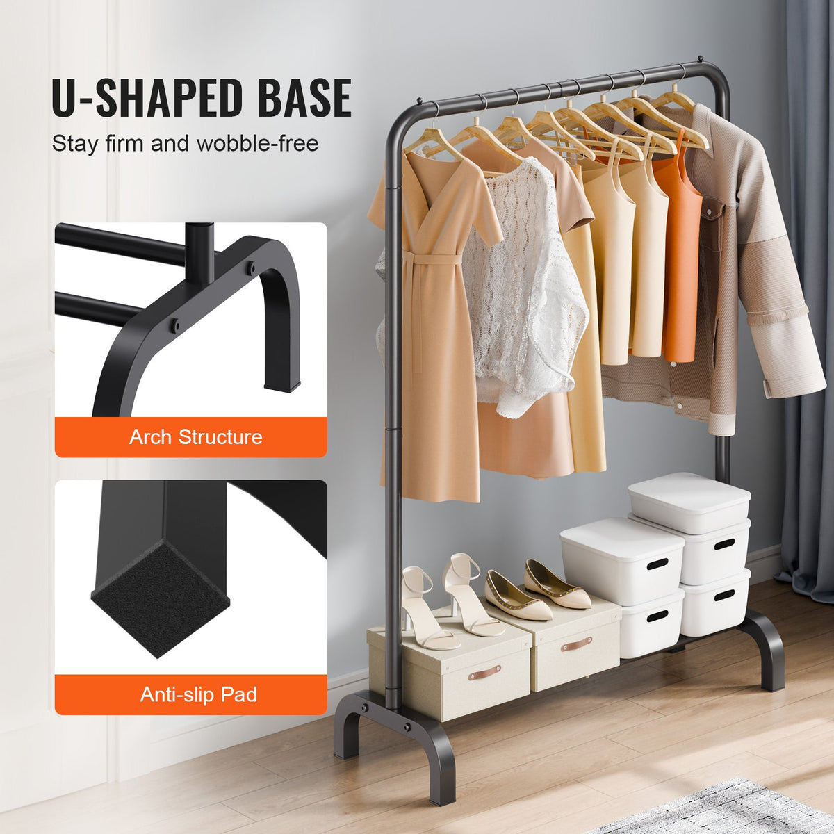 Clothes Rack Heavy Duty Garment with Hanging Rod and Bottom Storage for Bedroom