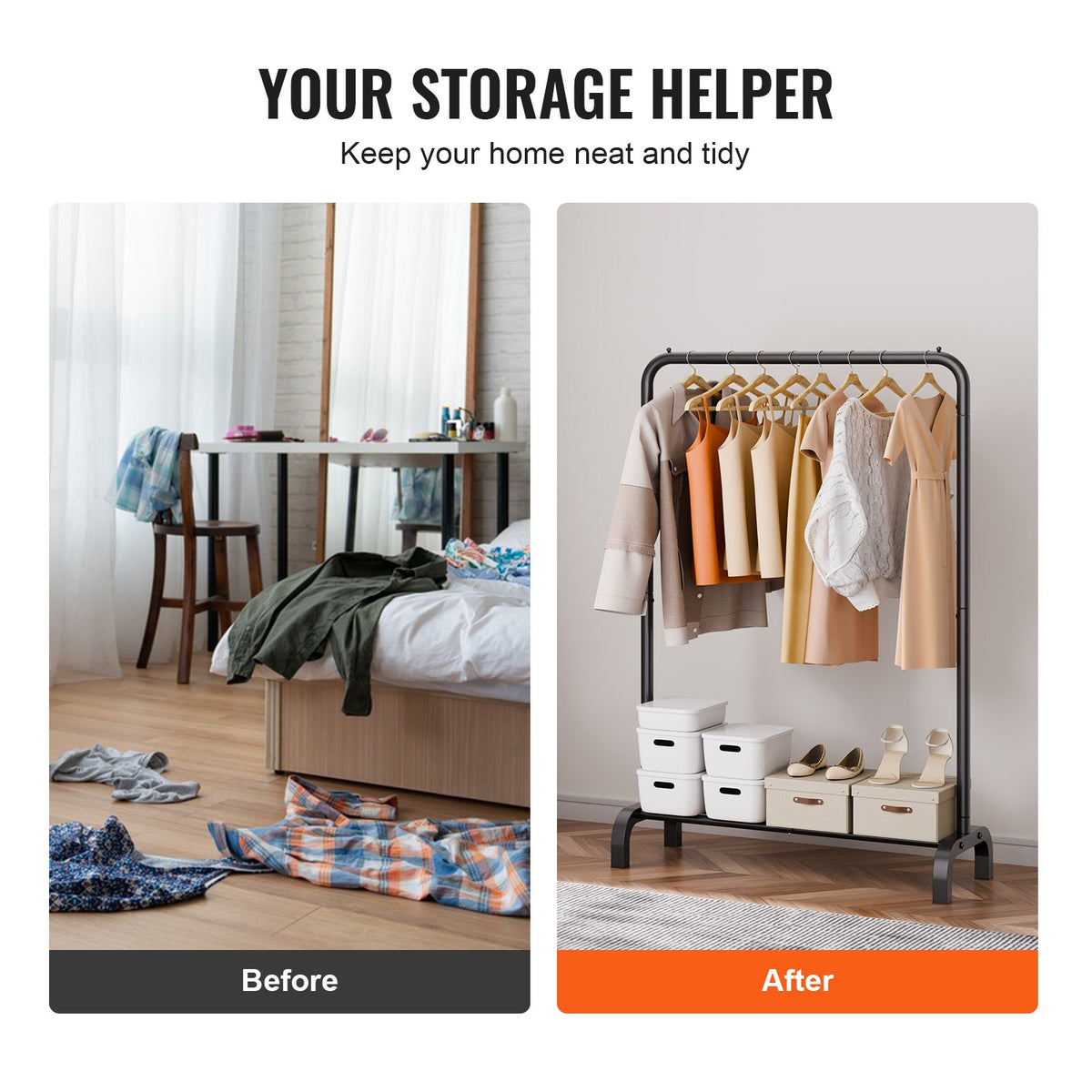 Clothes Rack Heavy Duty Garment with Hanging Rod and Bottom Storage for Bedroom