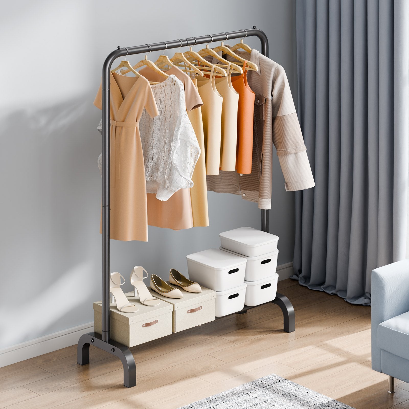 Clothes Rack Heavy Duty Garment with Hanging Rod and Bottom Storage for Bedroom