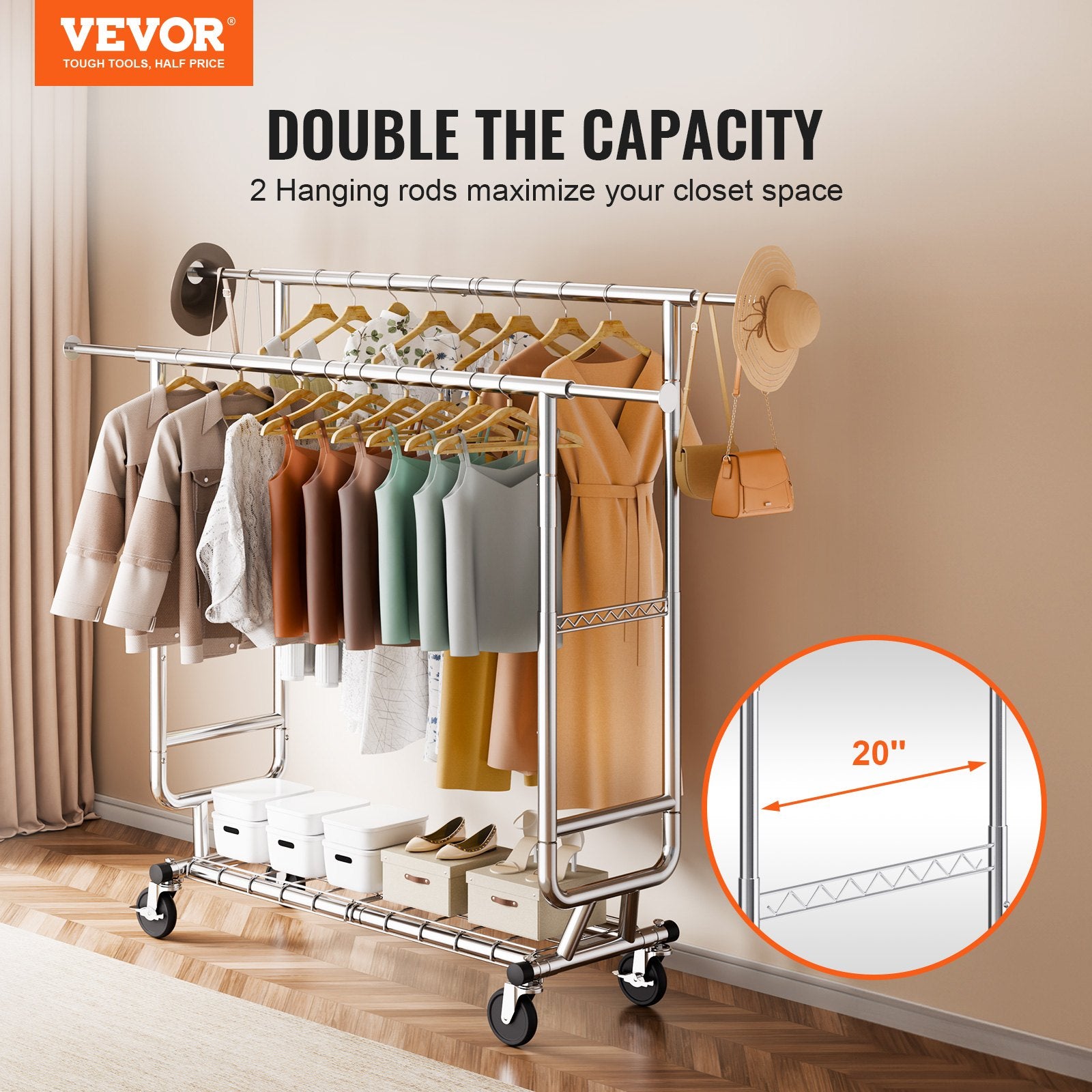 Clothes Rack Heavy Duty Double Hanging Rod Adjustable Bottom Storage 272kg