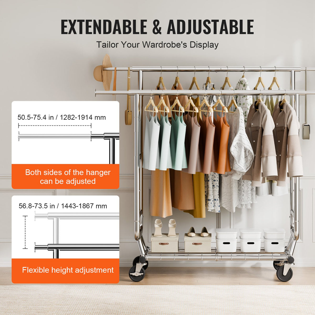 Clothes Rack Heavy Duty Double Hanging Rod Adjustable Bottom Storage 272kg