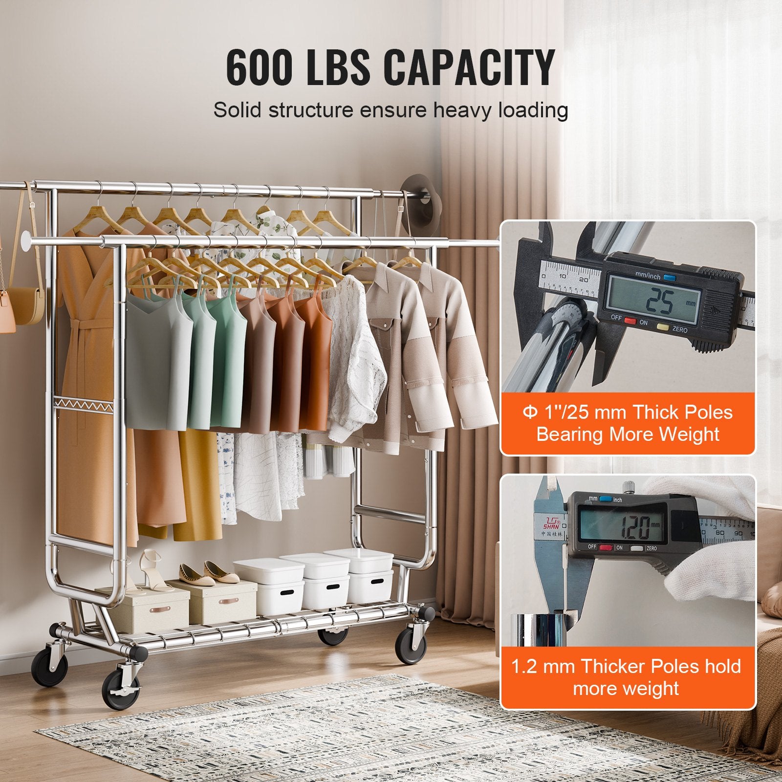 Clothes Rack Heavy Duty Double Hanging Rod Adjustable Bottom Storage 272kg