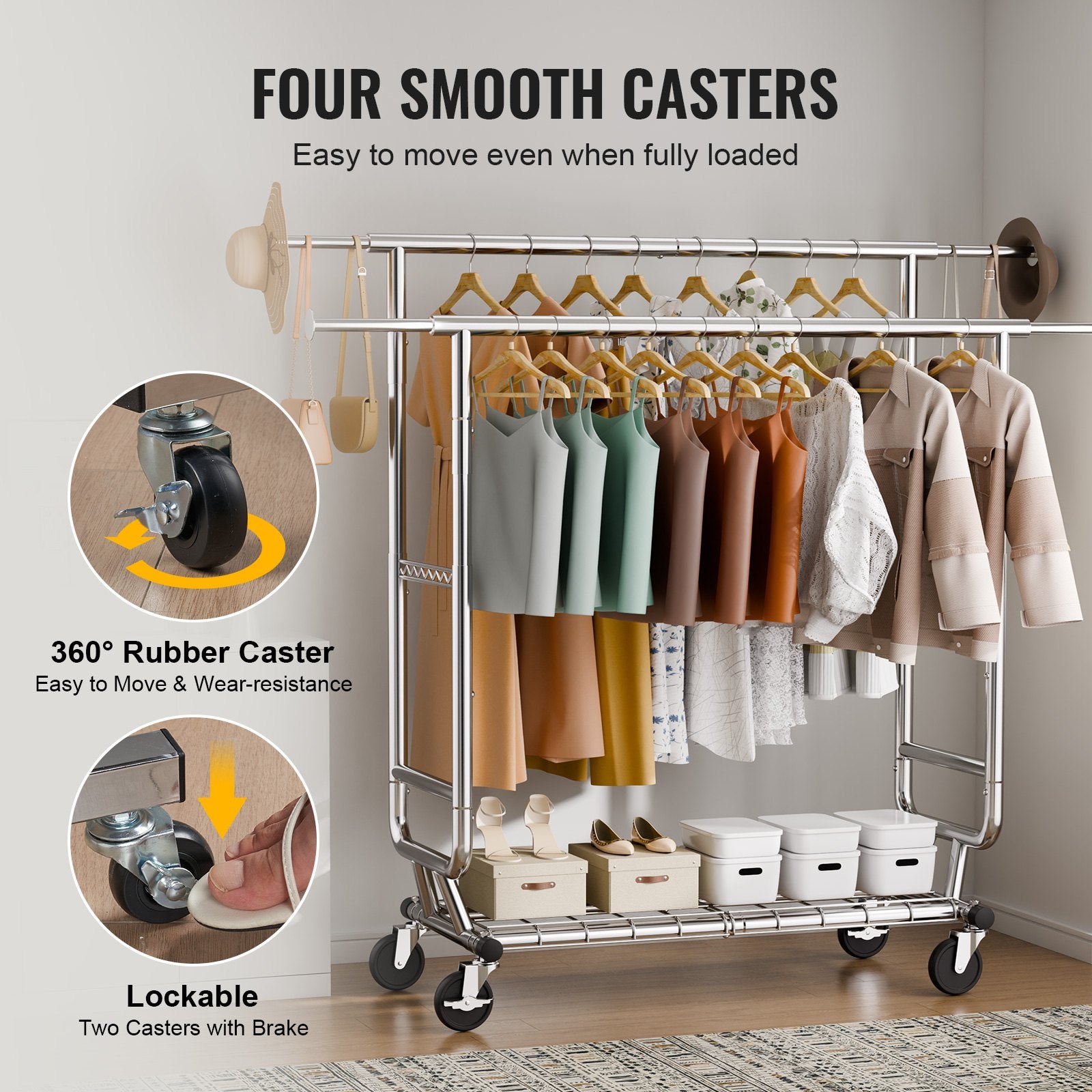 Clothes Rack Heavy Duty Double Hanging Rod Adjustable Bottom Storage 272kg