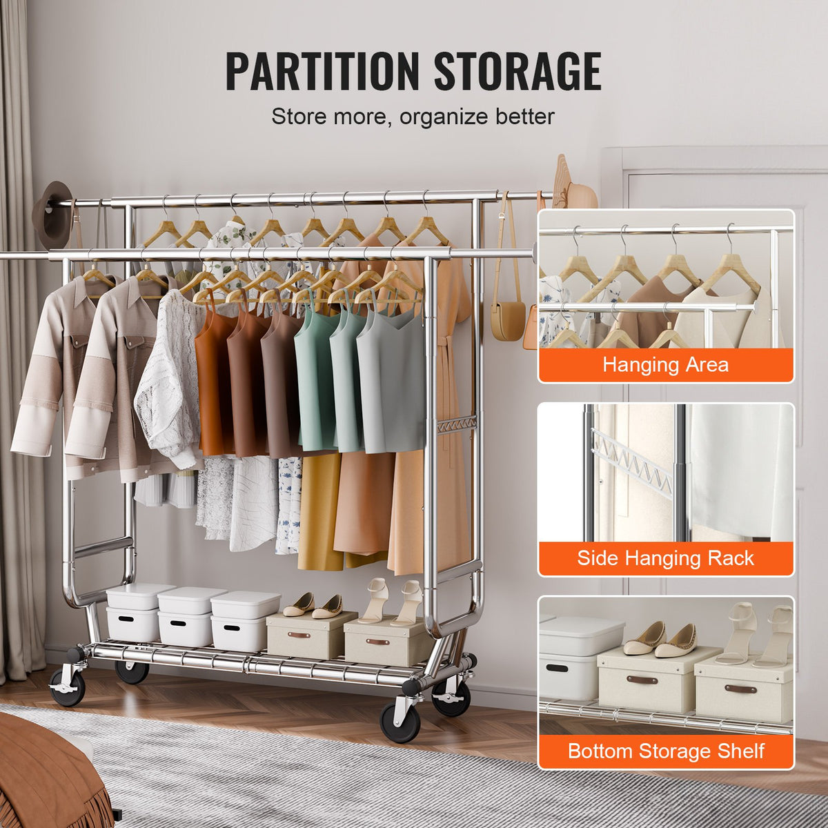 Clothes Rack Heavy Duty Double Hanging Rod Adjustable Bottom Storage 272kg