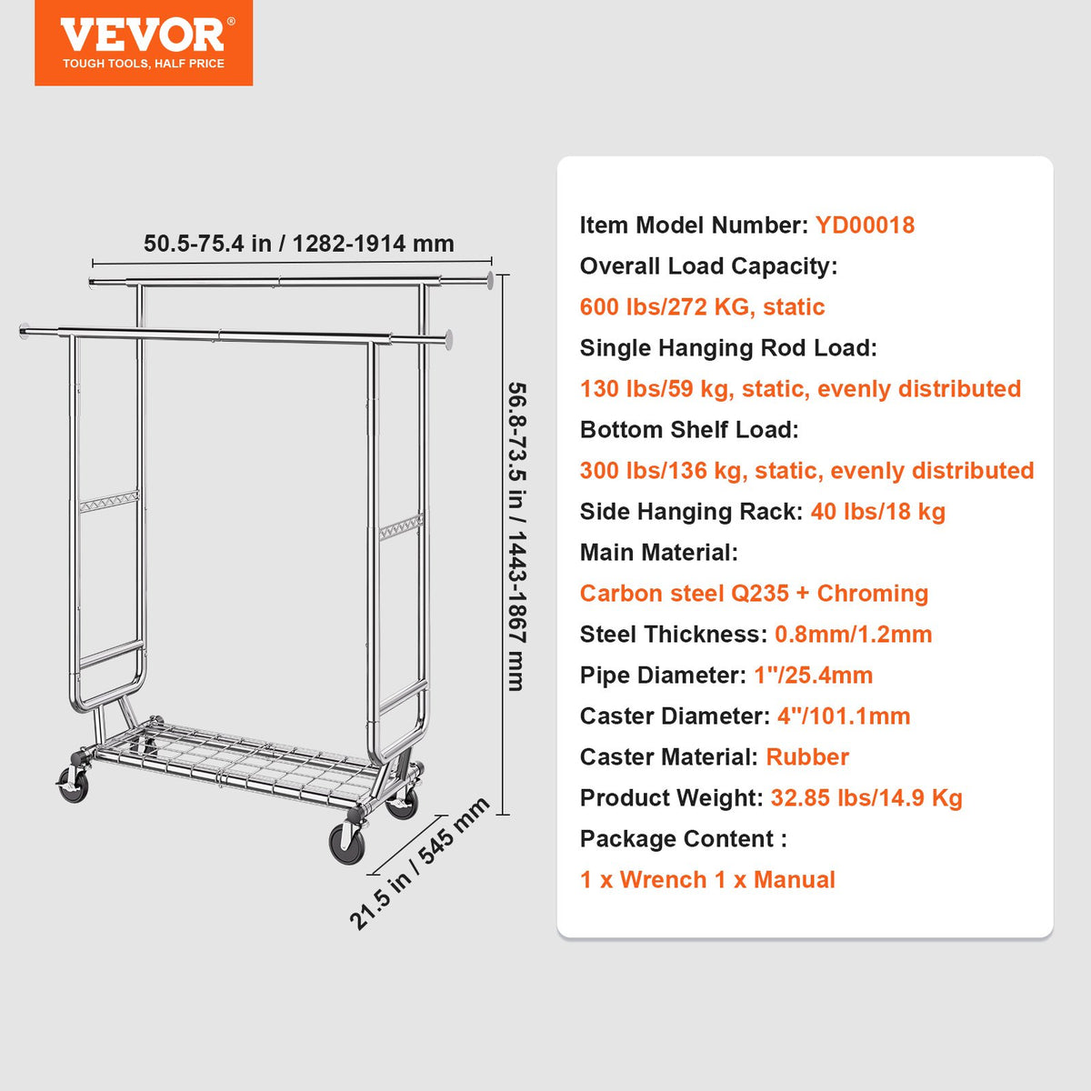 Clothes Rack Heavy Duty Double Hanging Rod Adjustable Bottom Storage 272kg