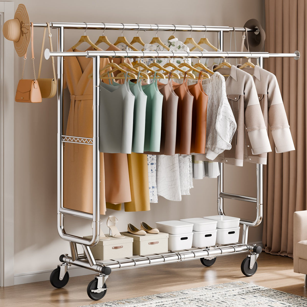 Clothes Rack Heavy Duty Double Hanging Rod Adjustable Bottom Storage 272kg