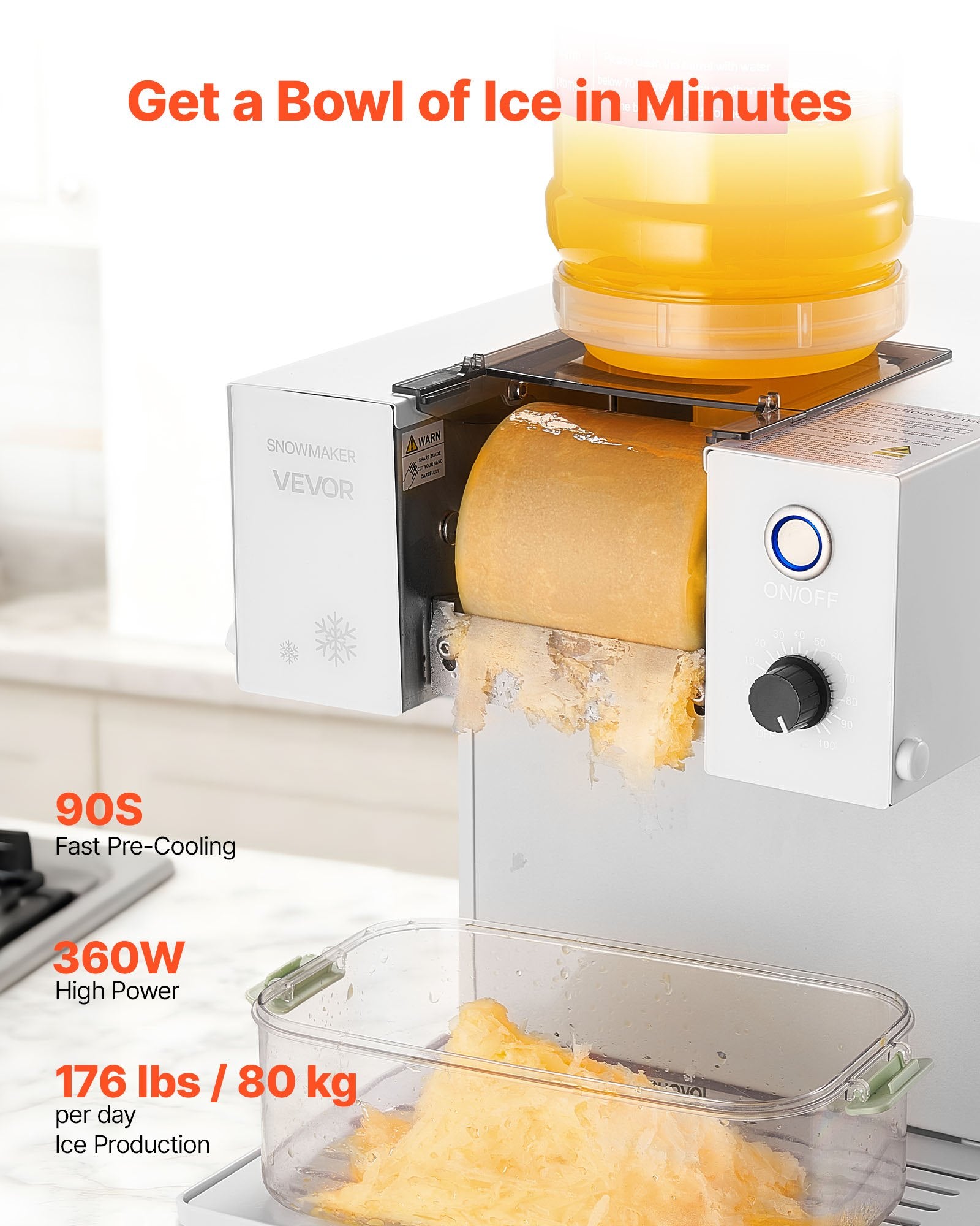 Snowflake Ice Machine 80KG/24H Stainless Blade 1.8L Tank 90S Fast Pre-Cooling