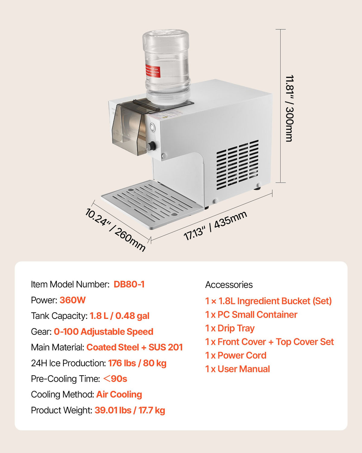 Snowflake Ice Machine 80KG/24H Stainless Blade 1.8L Tank 90S Fast Pre-Cooling