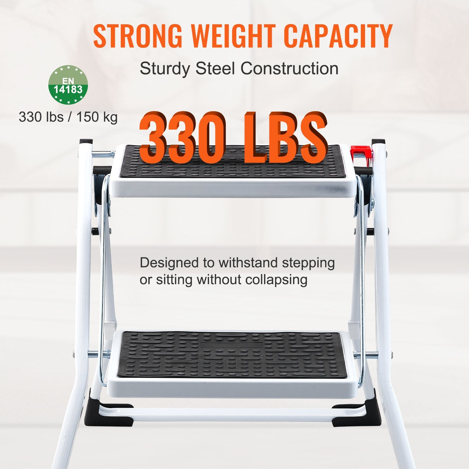 Step Ladder 2-Step 150kg Folding Steel Step Stool Wide Anti-Slip Pedal Sturdy