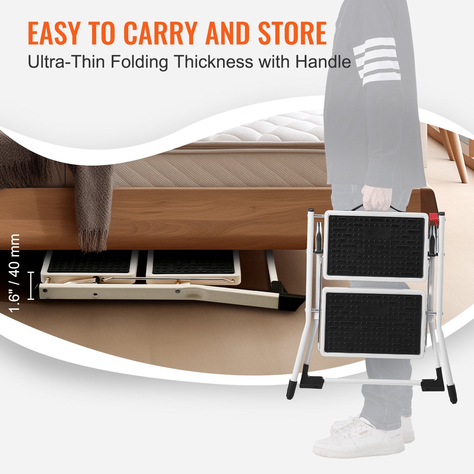 Step Ladder 2-Step 150kg Folding Steel Step Stool Wide Anti-Slip Pedal Sturdy
