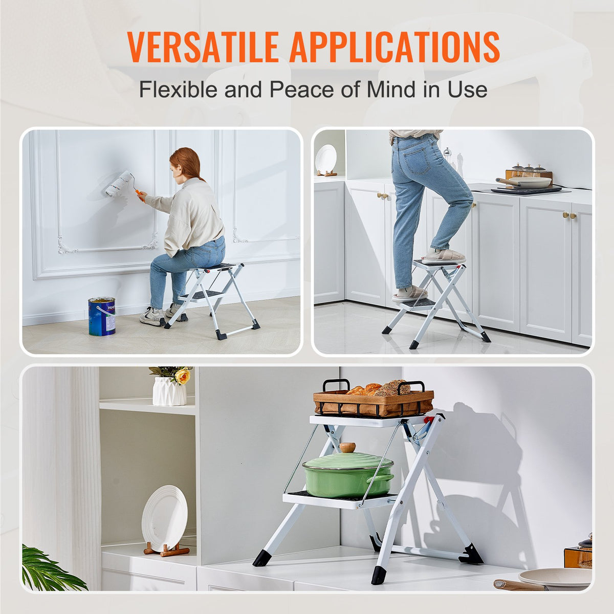 Step Ladder 2-Step 150kg Folding Steel Step Stool Wide Anti-Slip Pedal Sturdy
