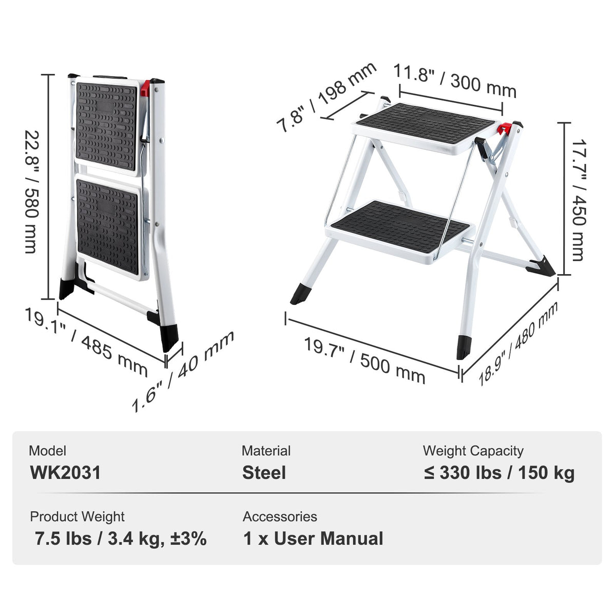 Step Ladder 2-Step 150kg Folding Steel Step Stool Wide Anti-Slip Pedal Sturdy