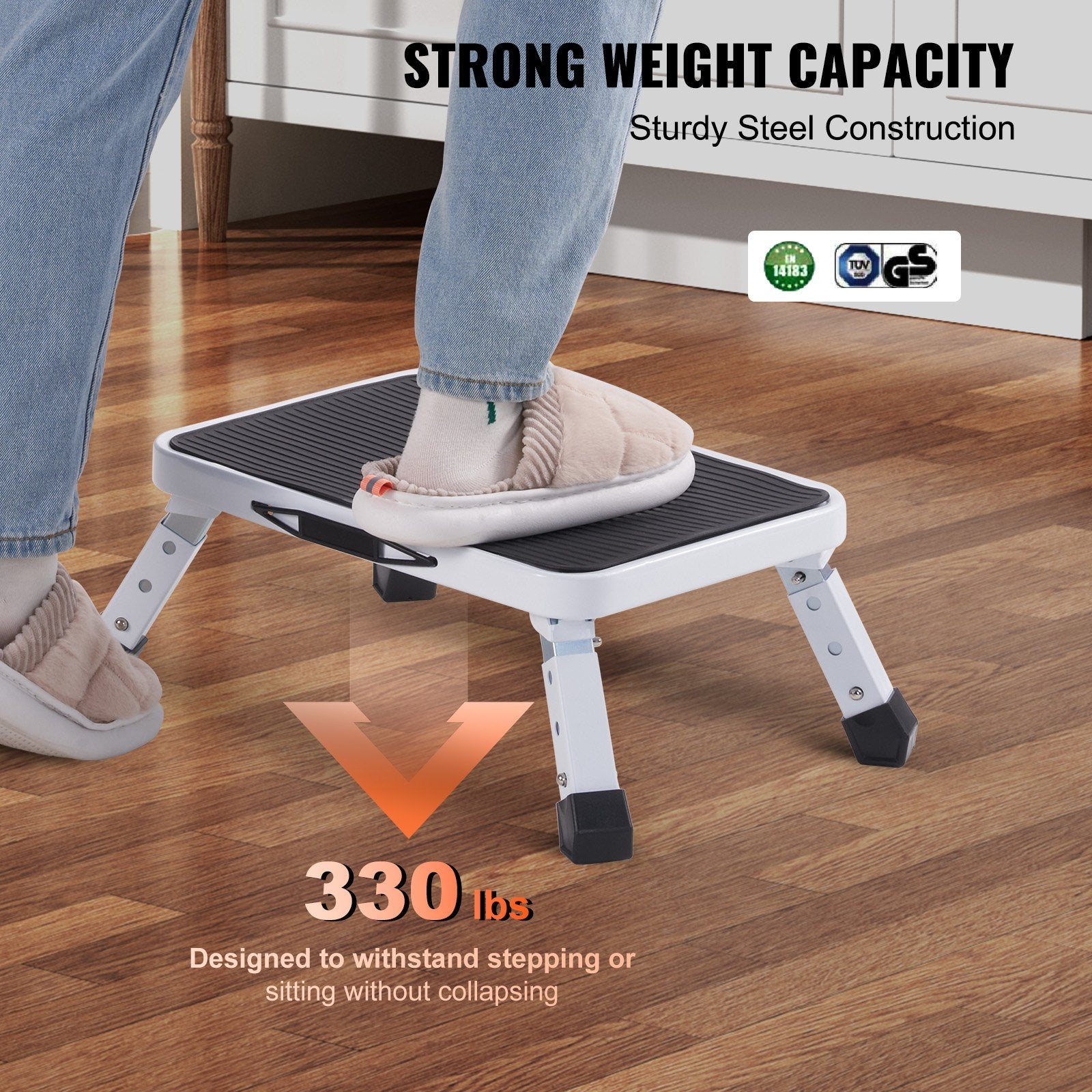 Step Stool 1-Step 150KG Folding Steel 3 Adjustable Heights Non-Slip Portable