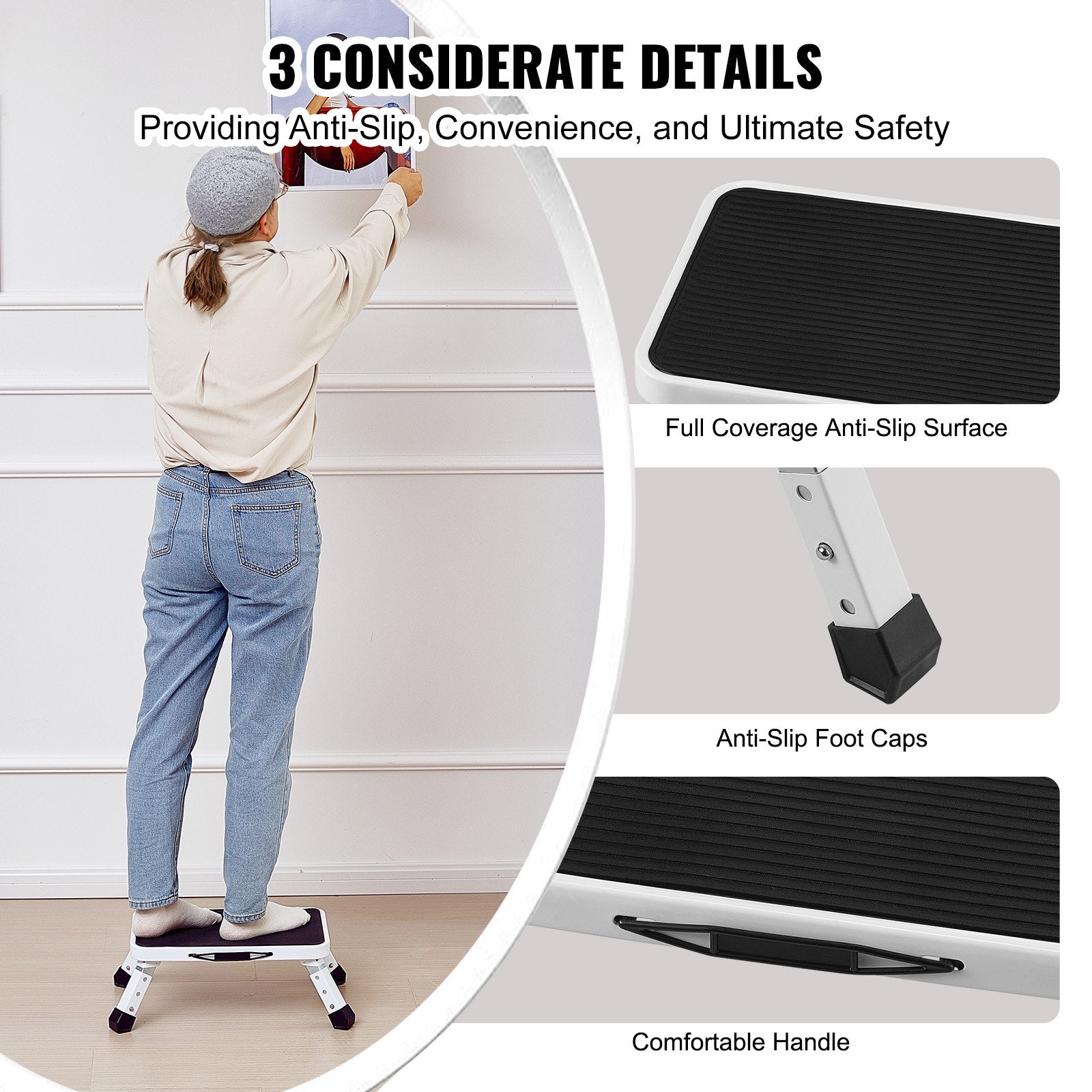 Step Stool 1-Step 150KG Folding Steel 3 Adjustable Heights Non-Slip Portable