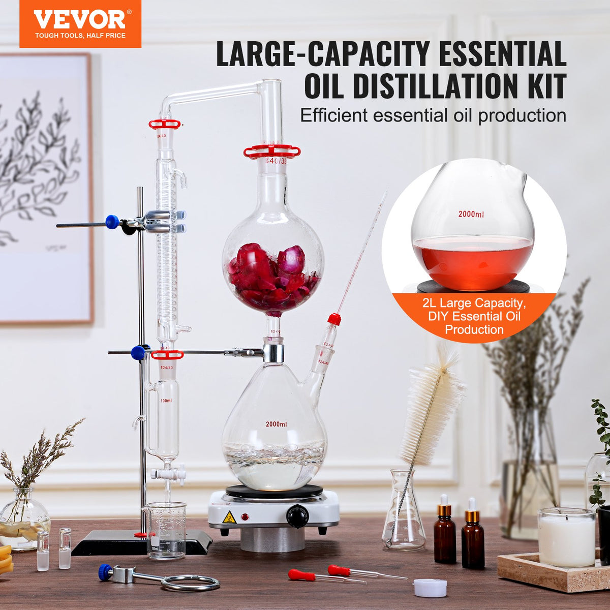 28pcs Essential Oil 2000ml Distillation Kit with 1000W Heating Plate