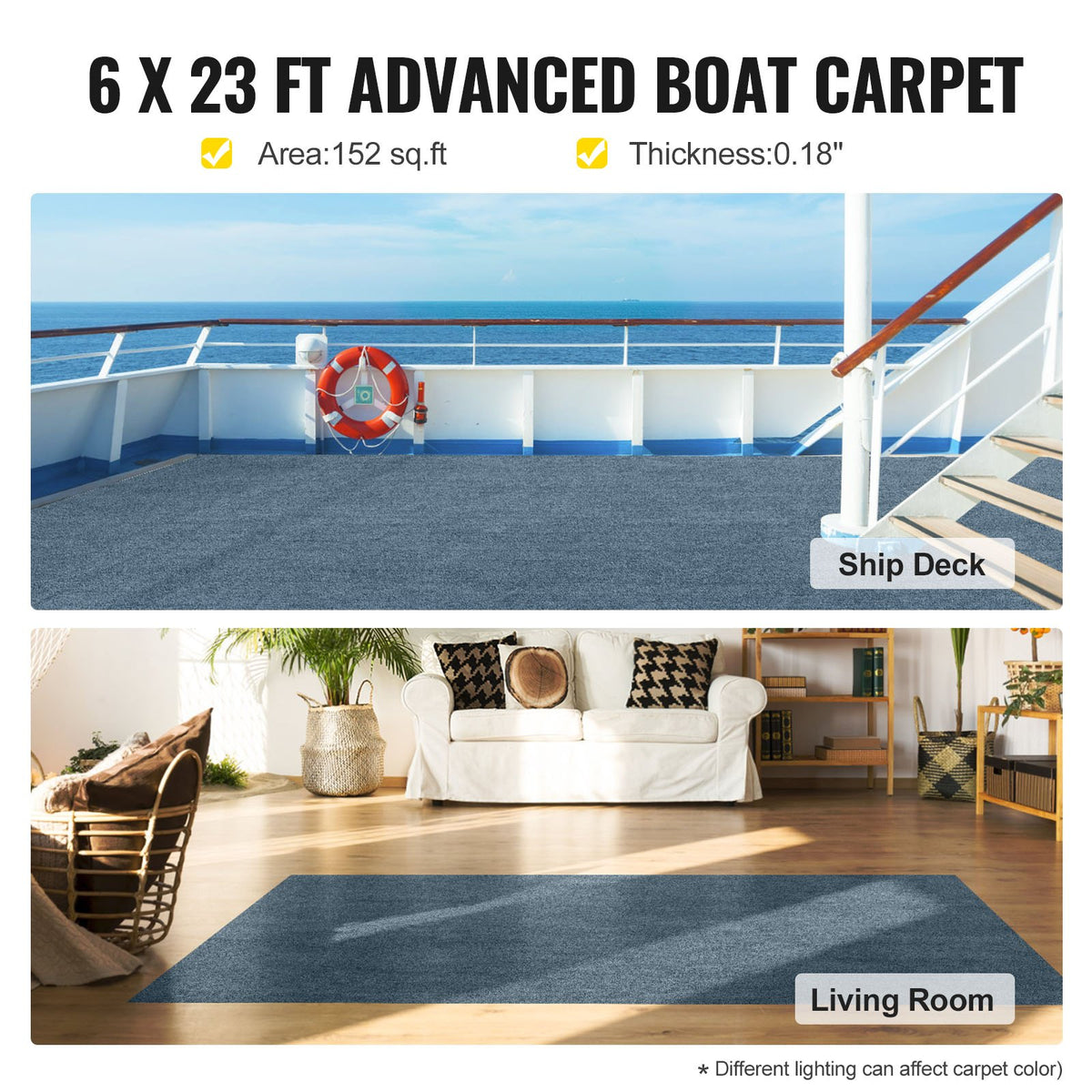 Gray Marine Carpet 6x23ft Boat Indoor Outdoor Anti-Slide Waterproof Easy Clean