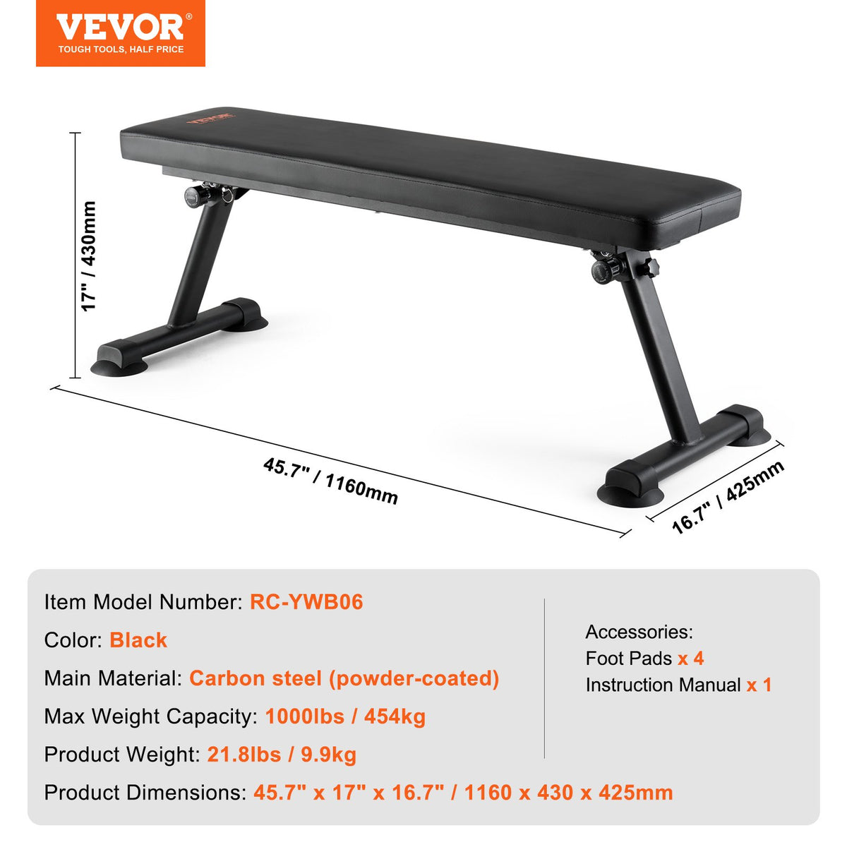 Flat Weight Bench Foldable 1000lbs Strength Training Utility Multi-Purpose Gym