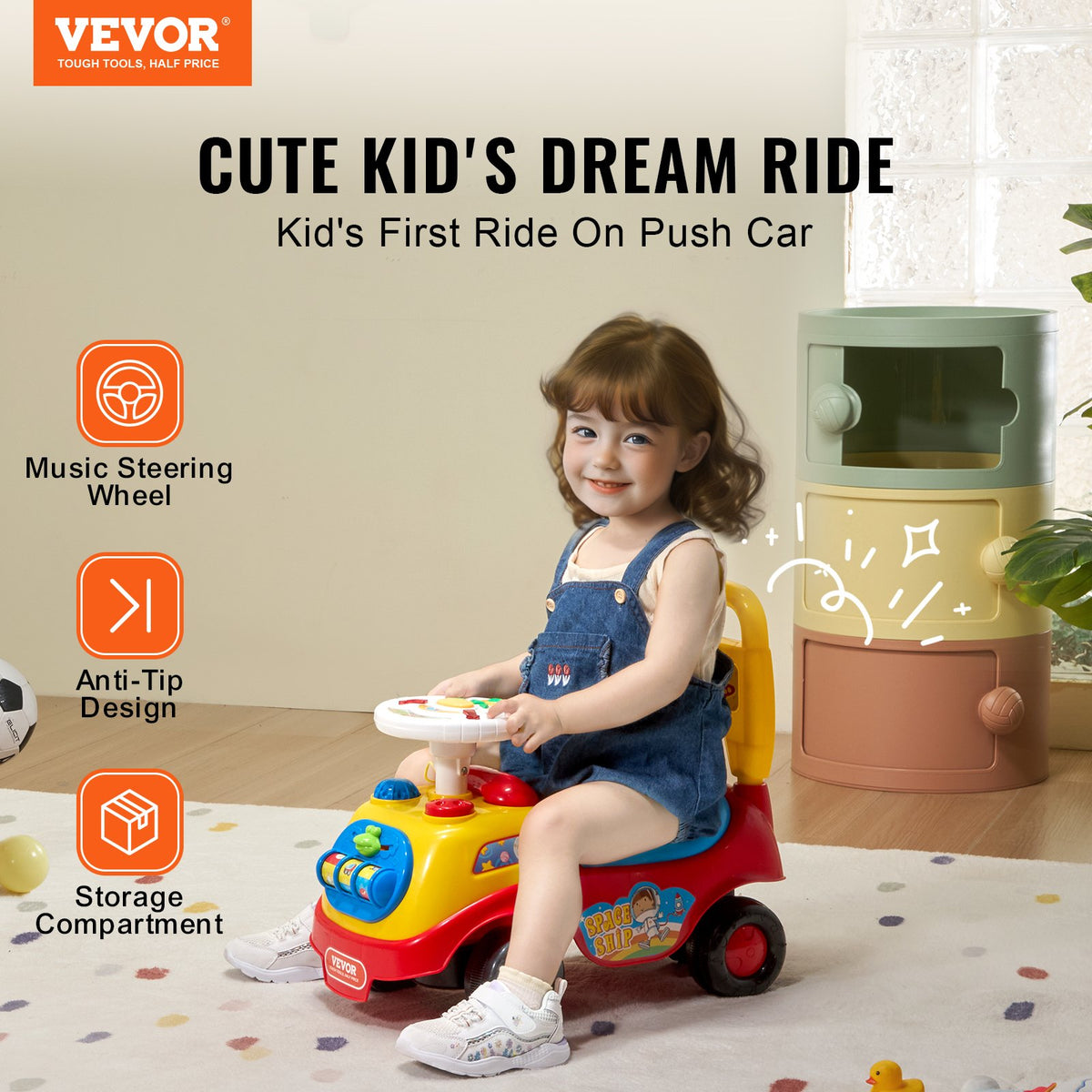 Ride On Push Car for Toddlers 1-3 Sit to Stand with Music Steering Wheel Storage