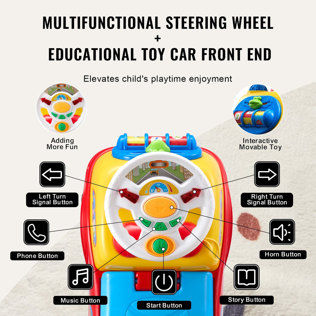 Ride On Push Car for Toddlers 1-3 Sit to Stand with Music Steering Wheel Storage