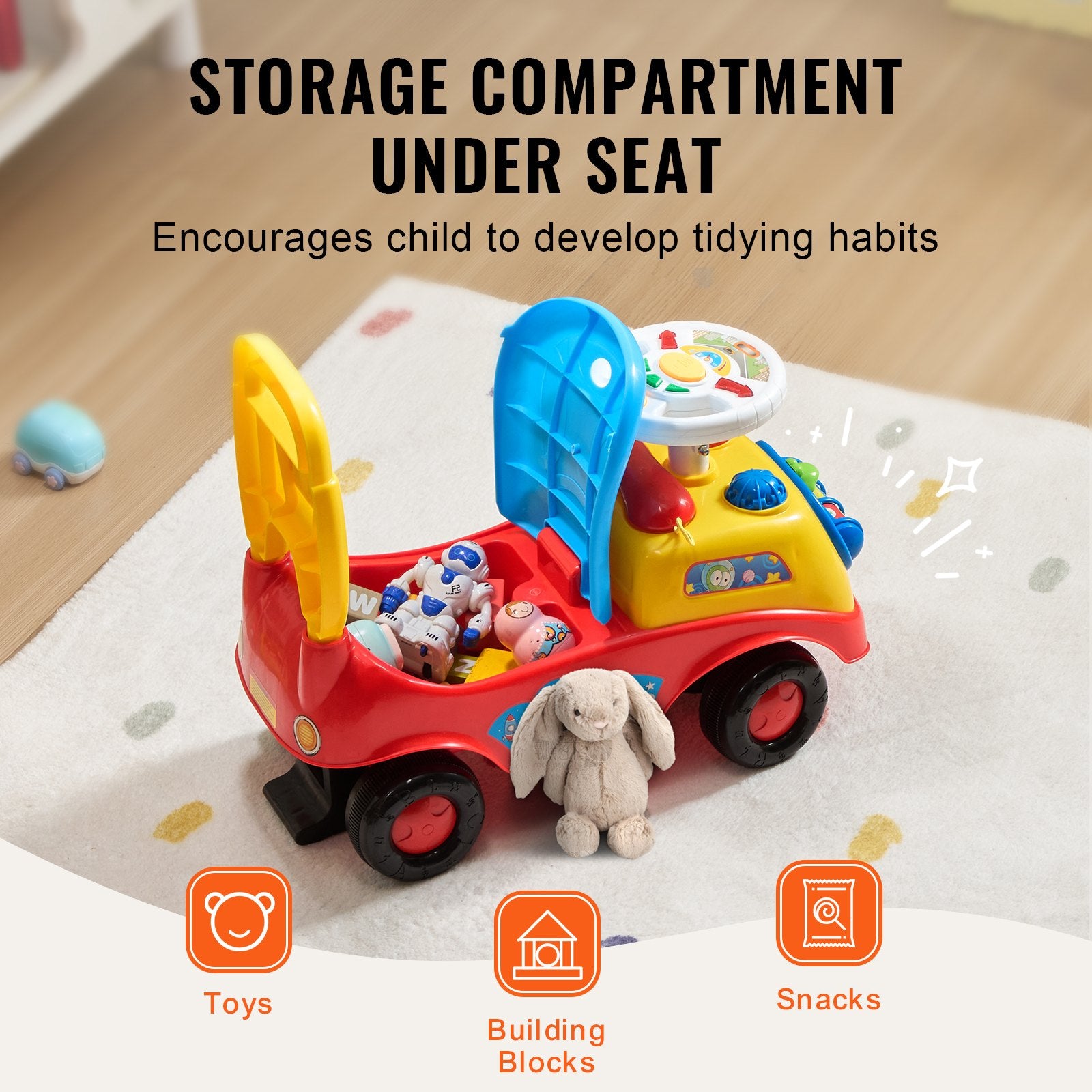 Ride On Push Car for Toddlers 1-3 Sit to Stand with Music Steering Wheel Storage