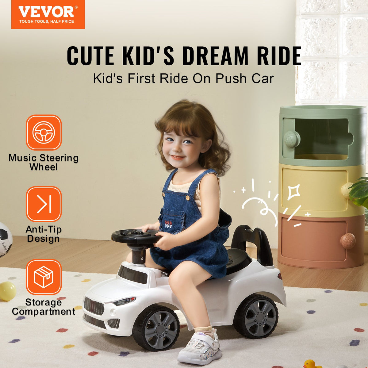 Ride On Push Car for Toddlers 1-3 Years with Music Steering Wheel White