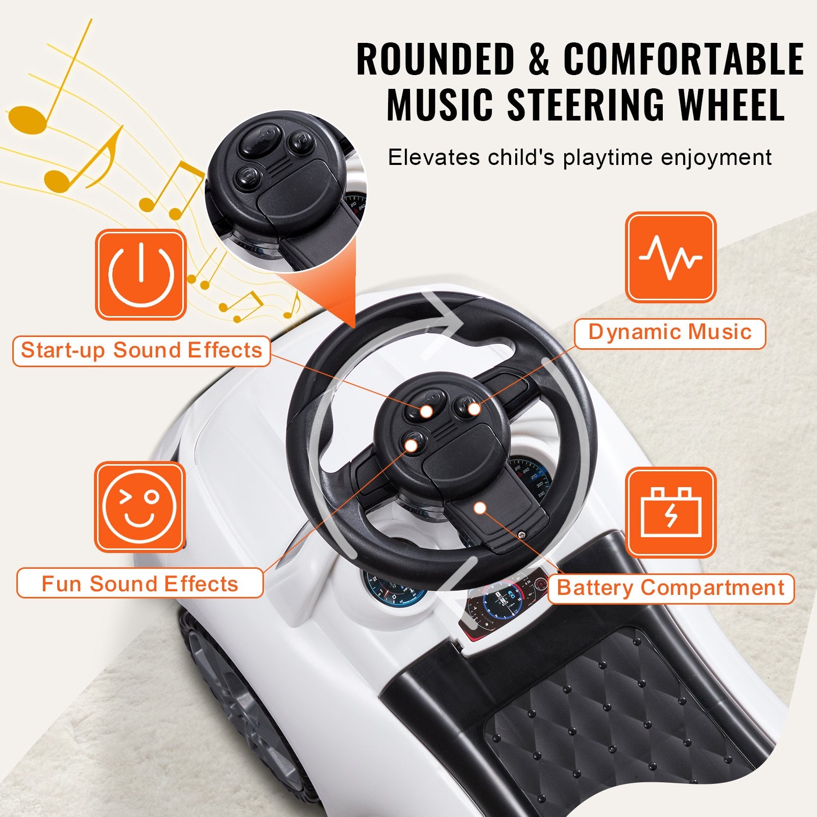 Ride On Push Car for Toddlers 1-3 Years with Music Steering Wheel White