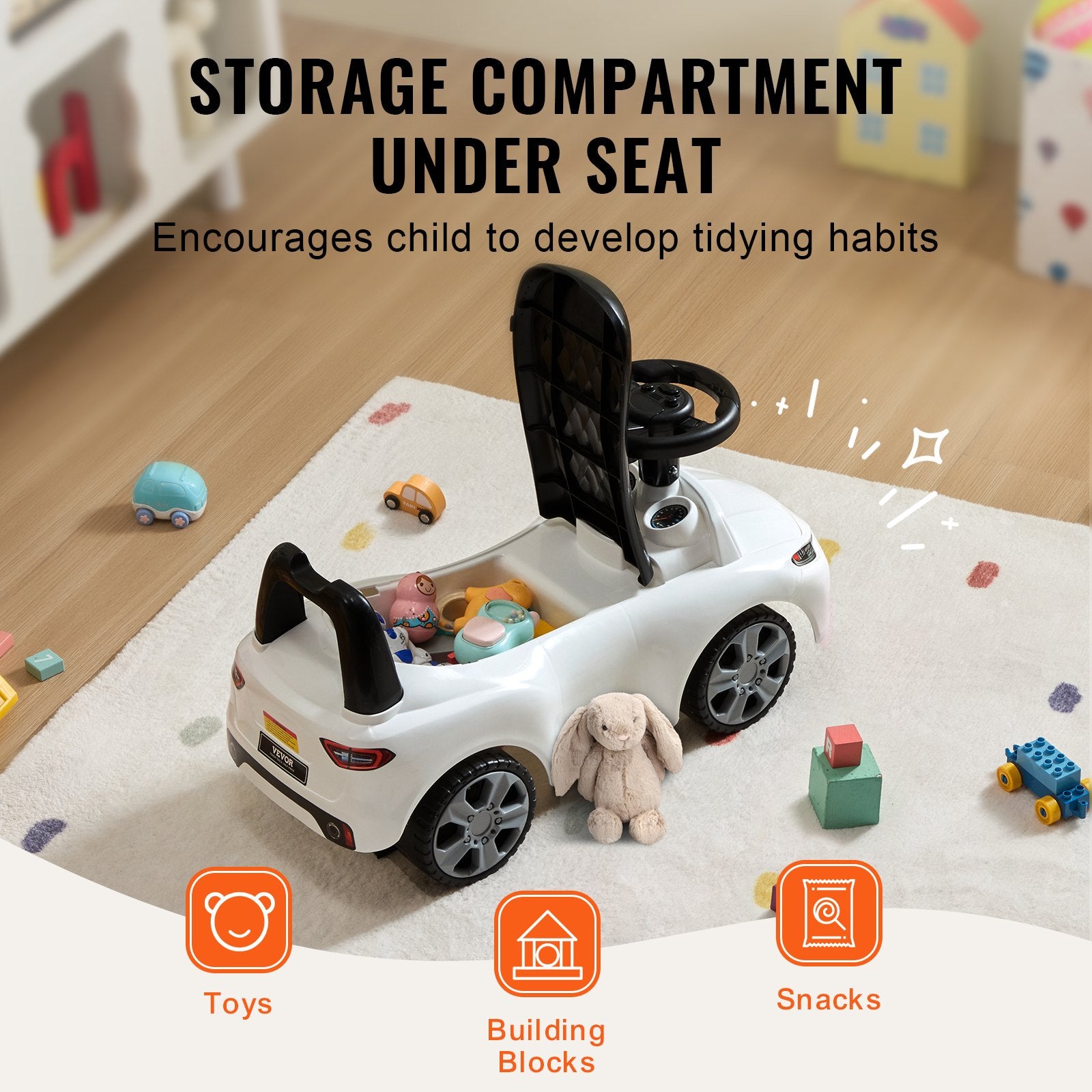 Ride On Push Car for Toddlers 1-3 Years with Music Steering Wheel White