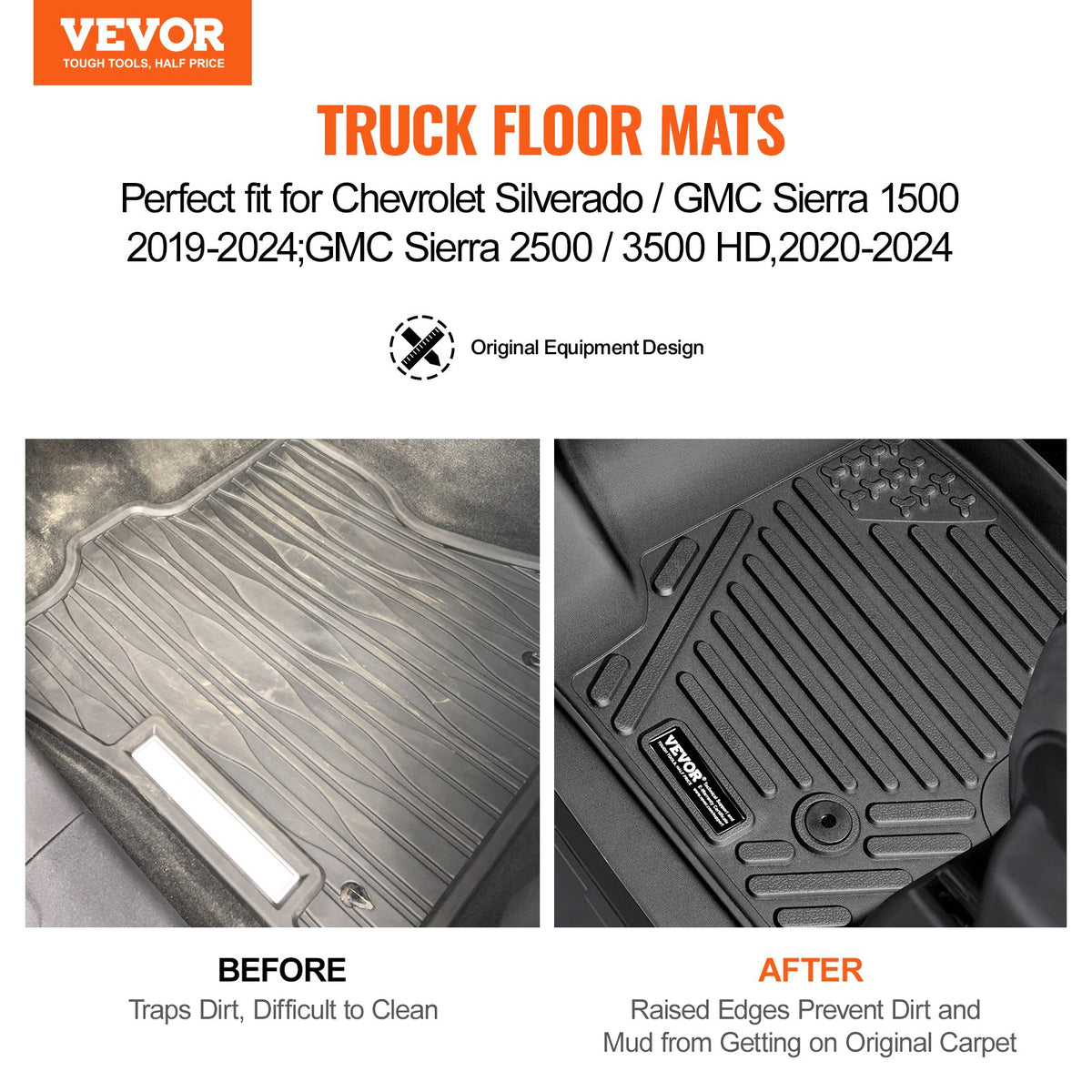 Automotive Floor Mats Silverado GMC Sierra 1500-3500HD 2019-2024 3-Piece TPE