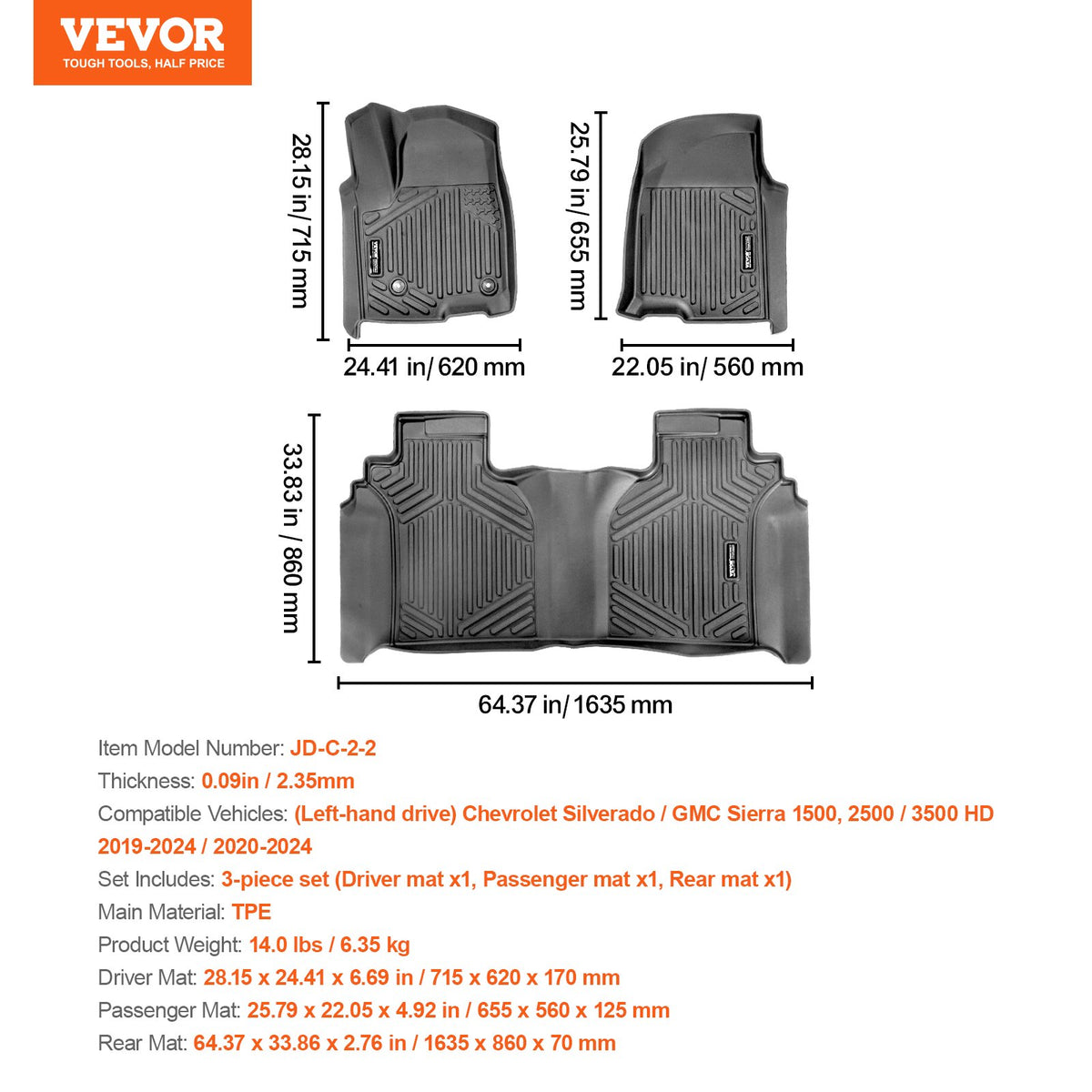 Automotive Floor Mats Silverado GMC Sierra 1500-3500HD 2019-2024 3-Piece TPE