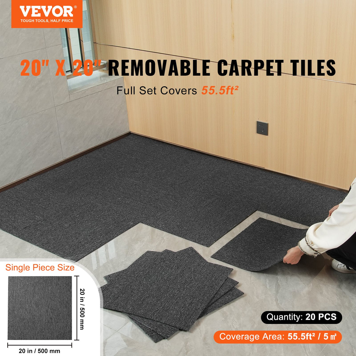 Carpet Tiles Reusable 20x20" Padded Squares 20 Tiles Dark Gray Indoor Outdoor