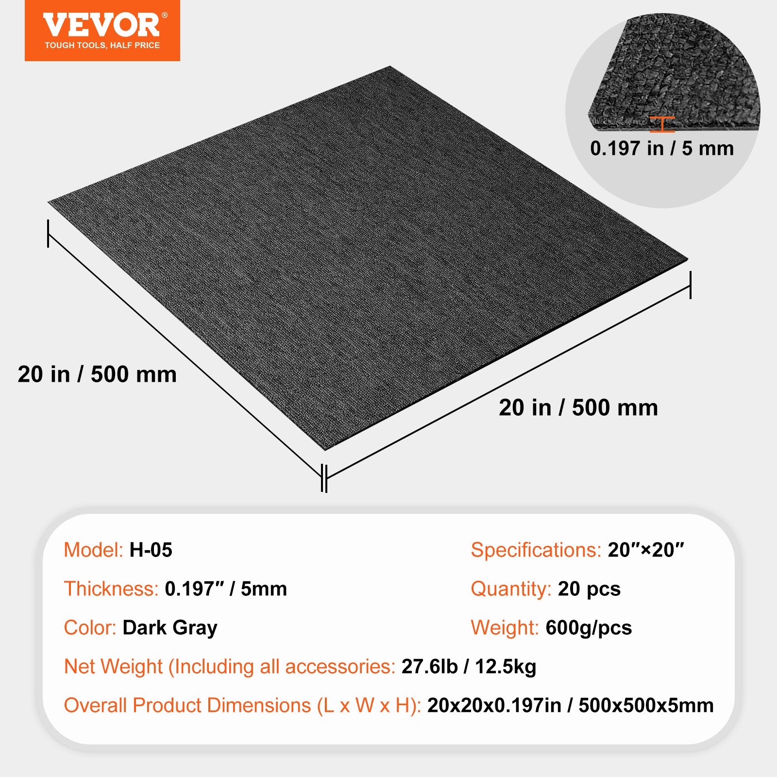 Carpet Tiles Reusable 20x20" Padded Squares 20 Tiles Dark Gray Indoor Outdoor