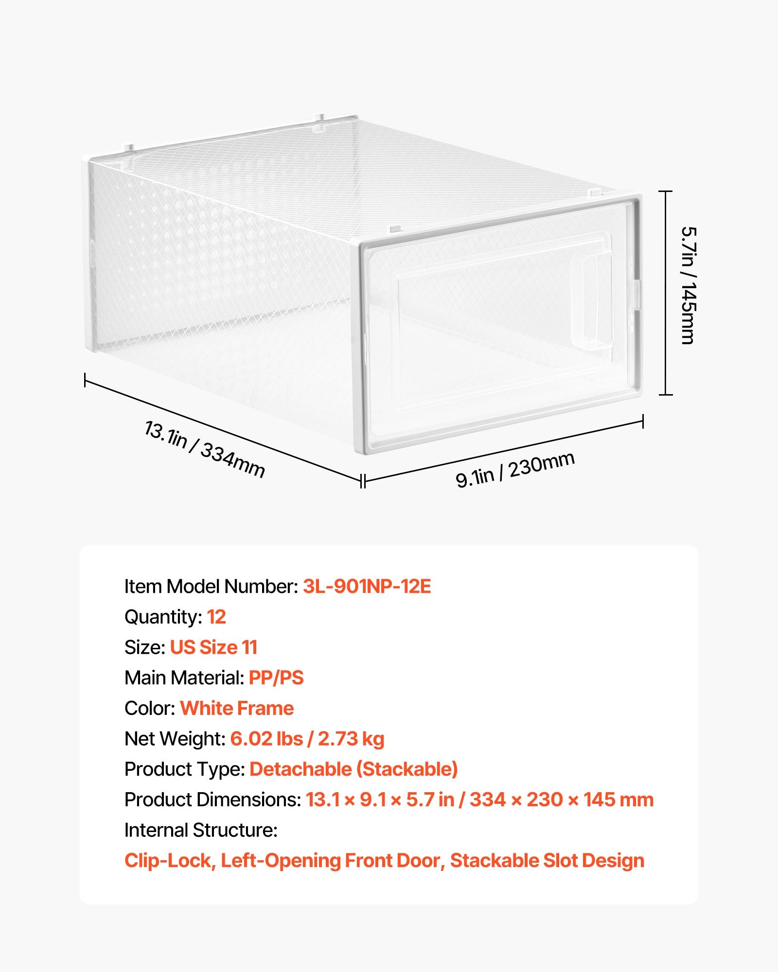 Shoe Storage Boxes 12 Pack Stackable Organizers White Frame Fit up to US 11