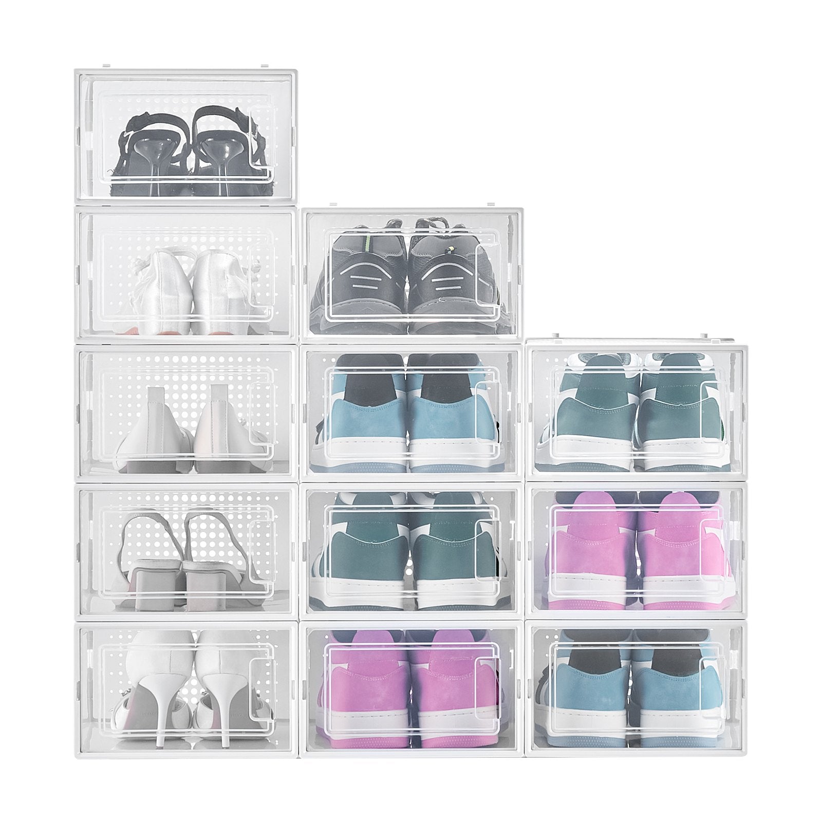 Shoe Storage Boxes 12 Pack Stackable Organizers White Frame Fit up to US 11