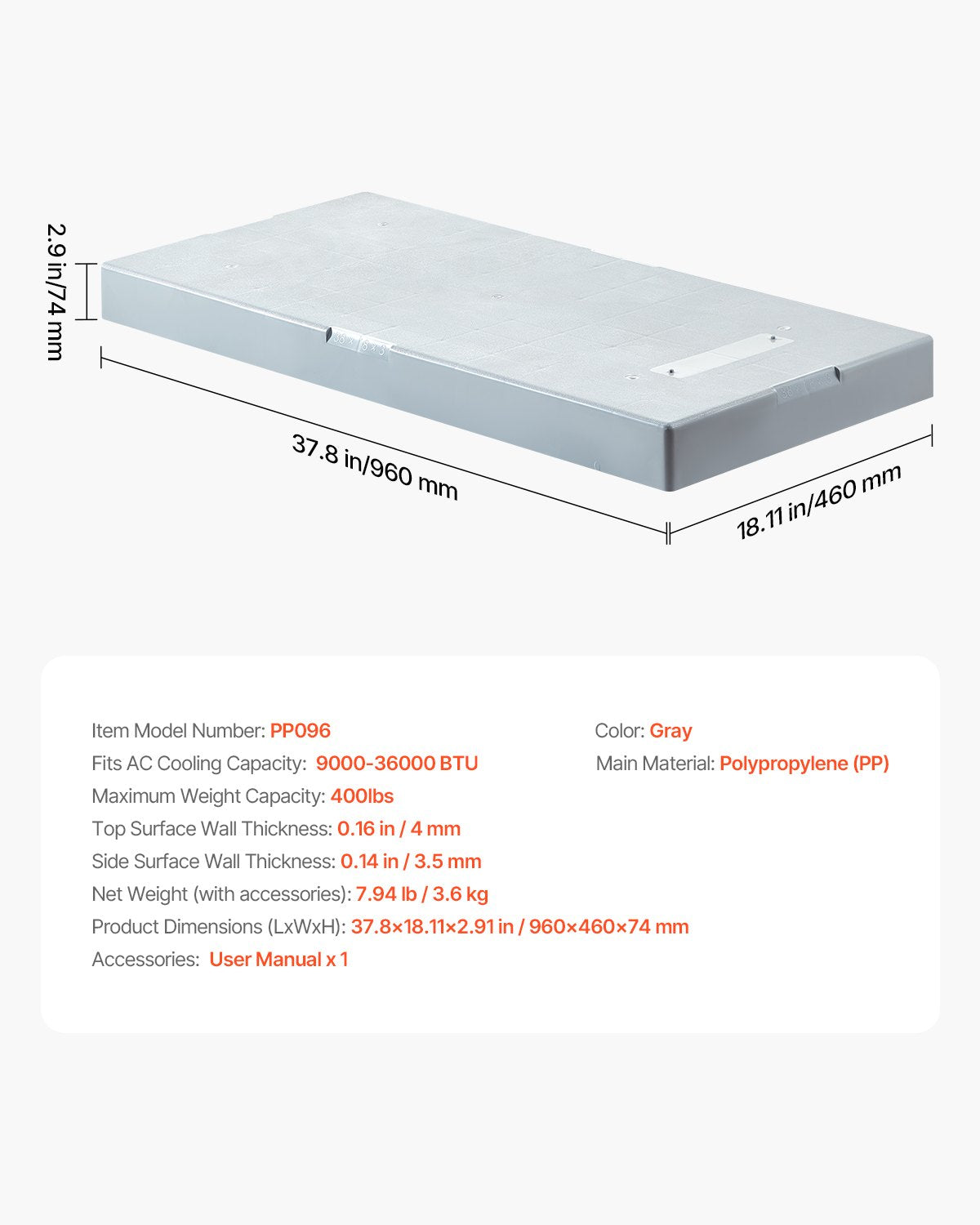 Mini Split Pad 960x460x74mm for 9000-36000BTU AC, Anti-Vibration, Max Load 181kg