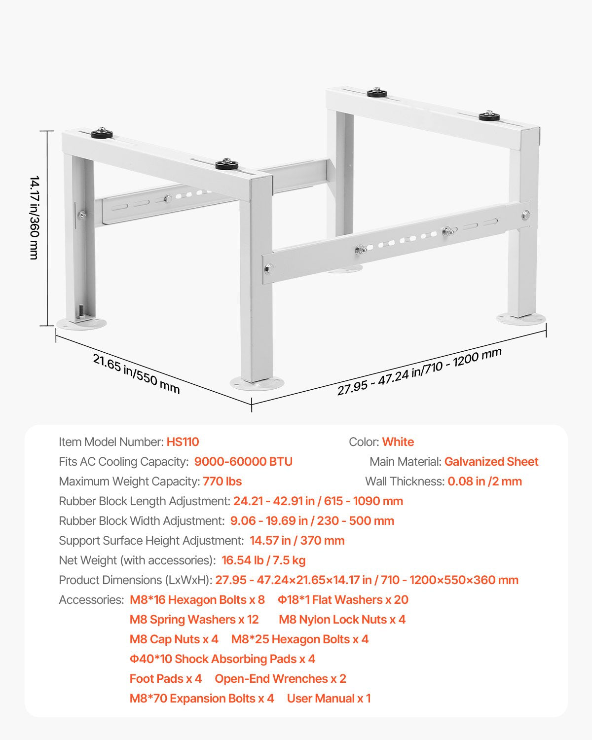 Mini Split Ground Stand Adjustable 9000-60000BTU AC Anti-Vibration 350kg Load